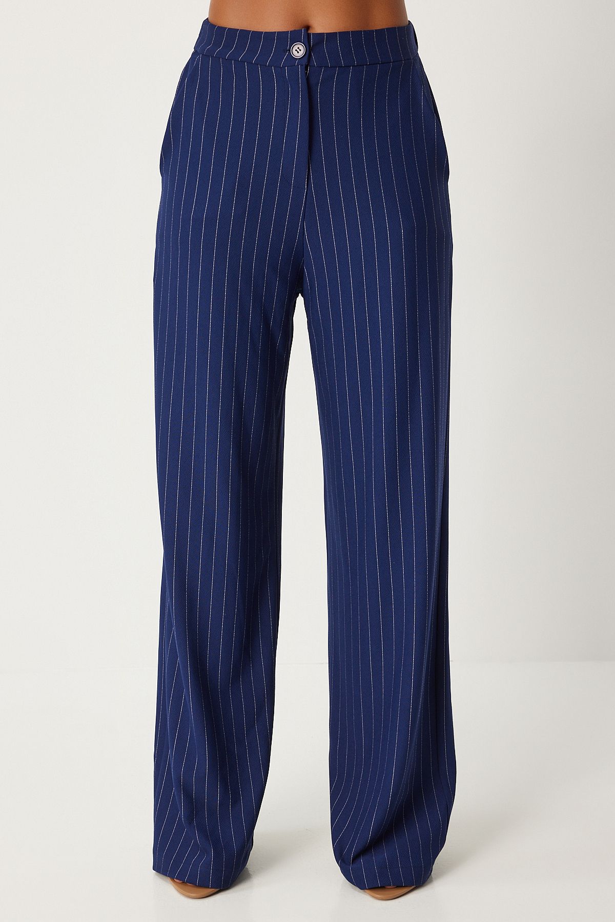 Woman Navy blue fine striped cruve collar vest pants set to00149