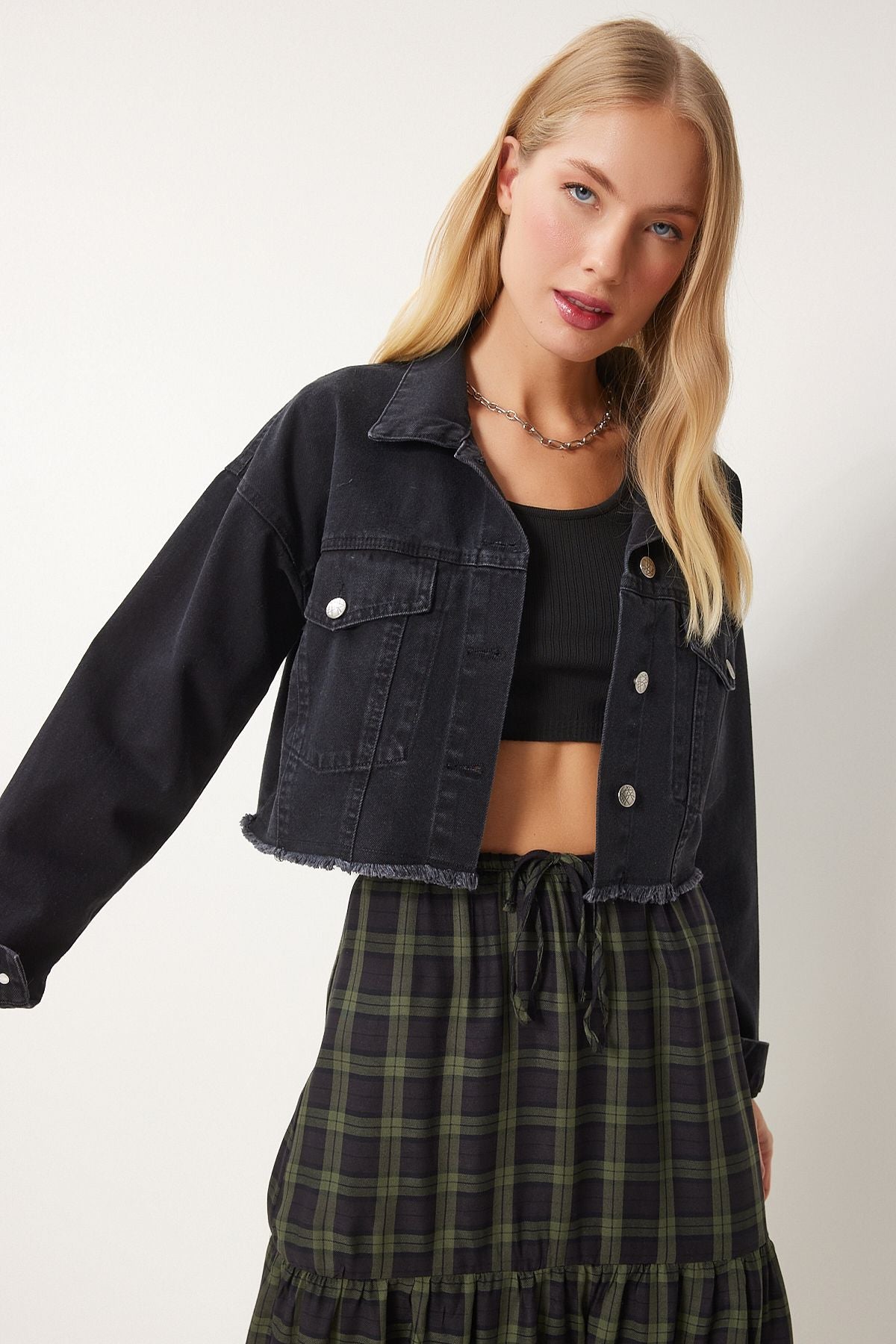 Female black tassel detailed denim crop jacket AN00214