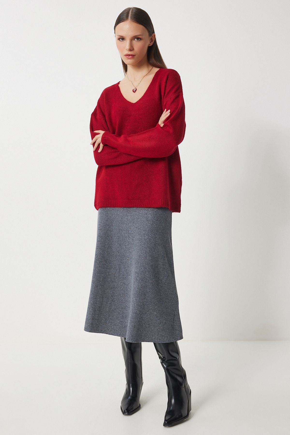 Woman Red V -Neck Knitwear Kazakh ZA00063