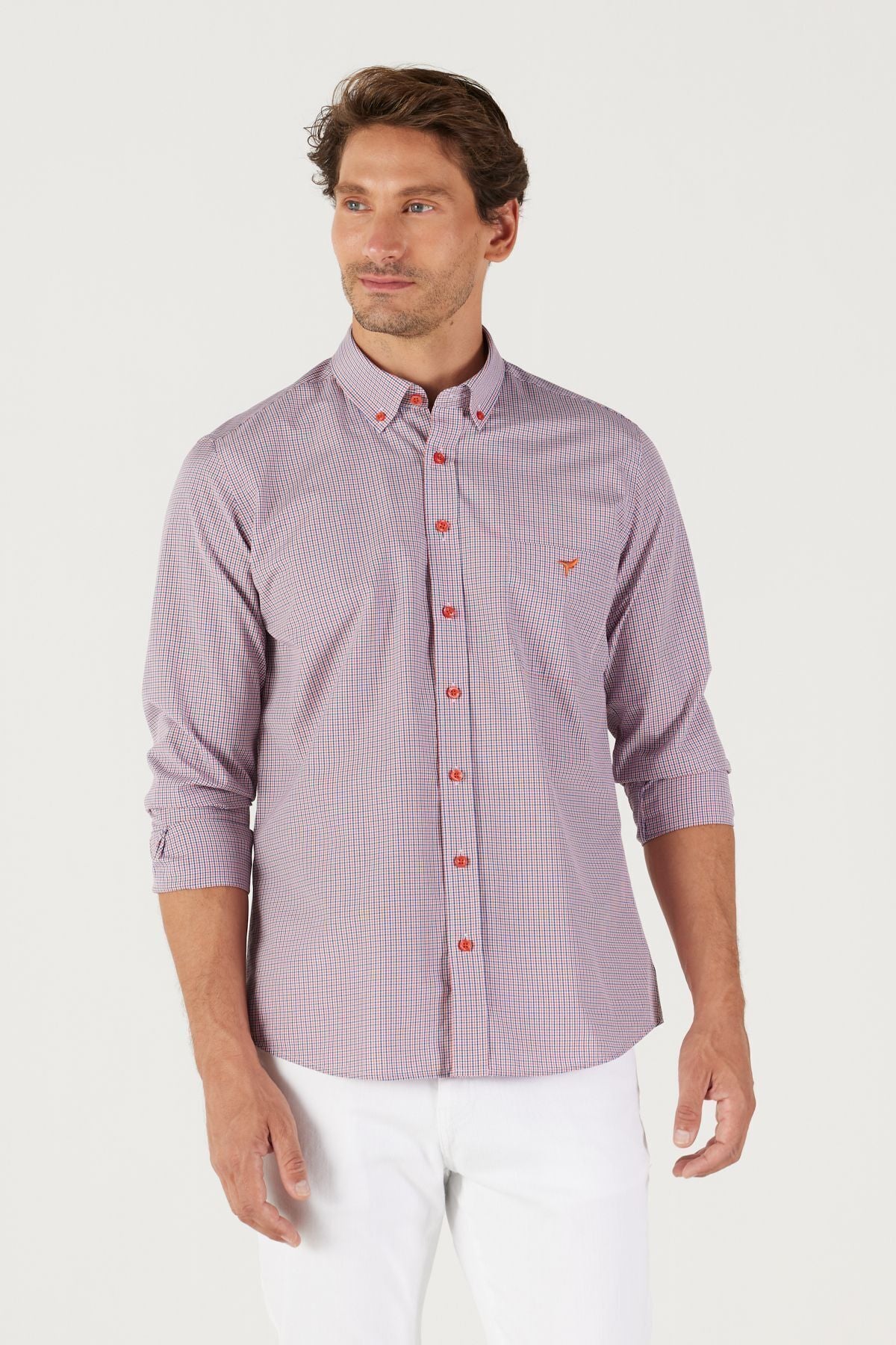 Men's navy blue-red slim fit narrow cut buttoned collar logo cotton pocket striped shirt