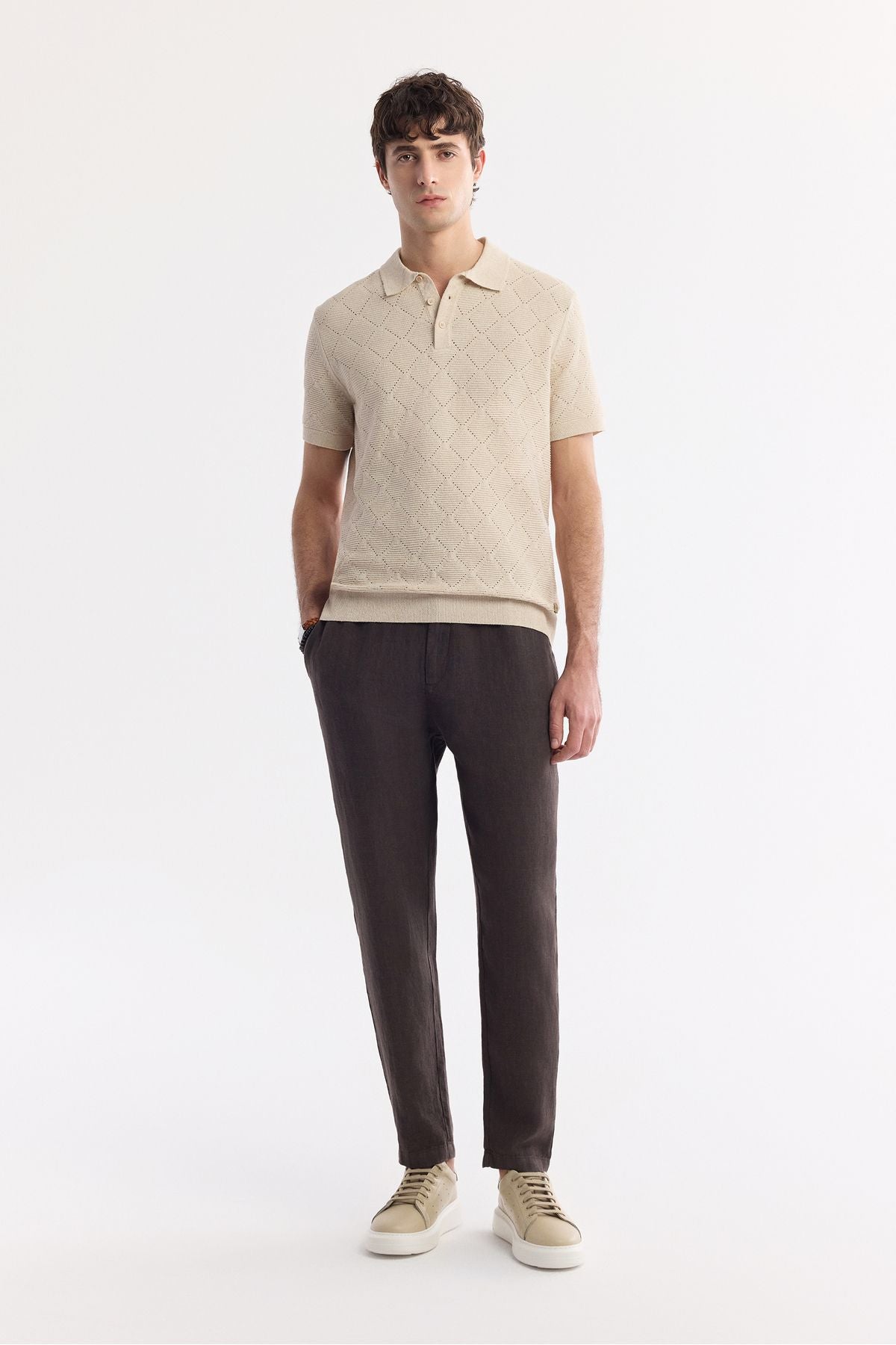 Men's Beige Polo Yaka Jacquard Bouquet Yarn Triko T-Shirt A51Y5040