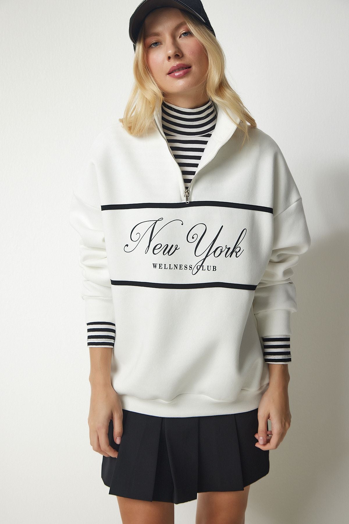 WOMEN ECRU Zippered Neck Printed Sweatshirt UB00168