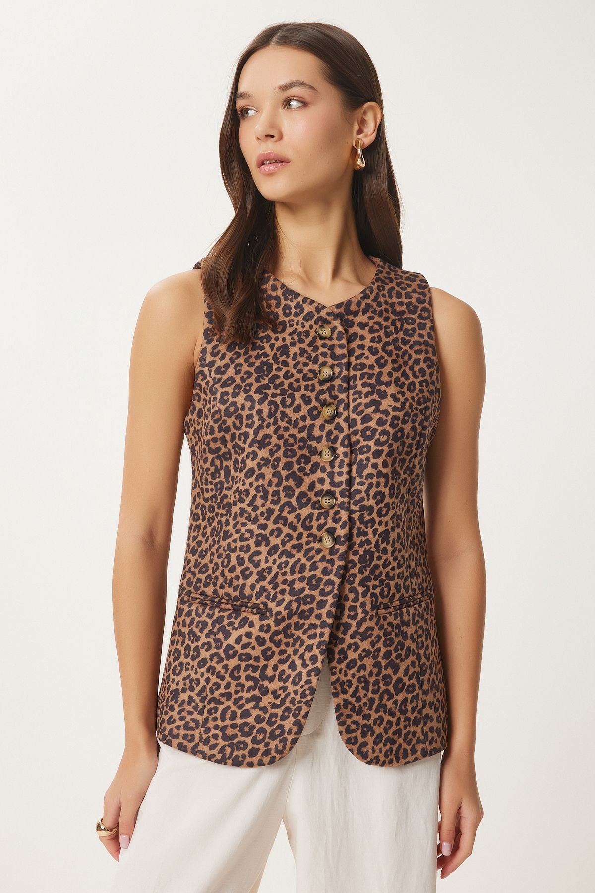 Woman Camel Black Leopard Patterned Nubuk Vest FN03444