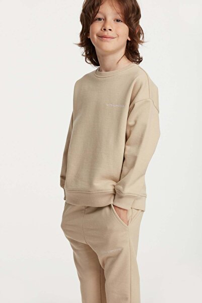 Majuro Boy's Embroidered Beige Tracksuit Set