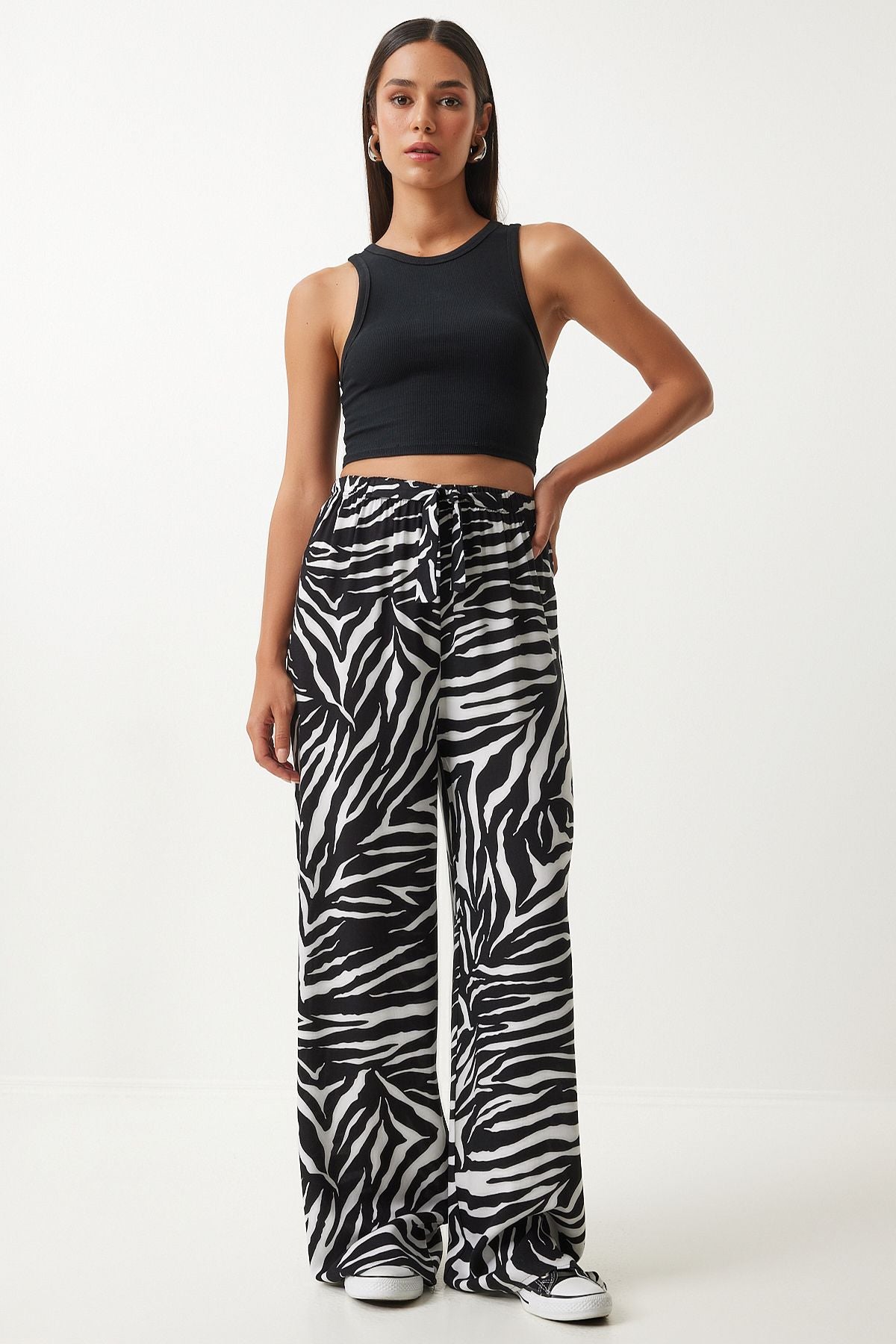 Female ecru black patterned draped viscose palazzo pants EN00606