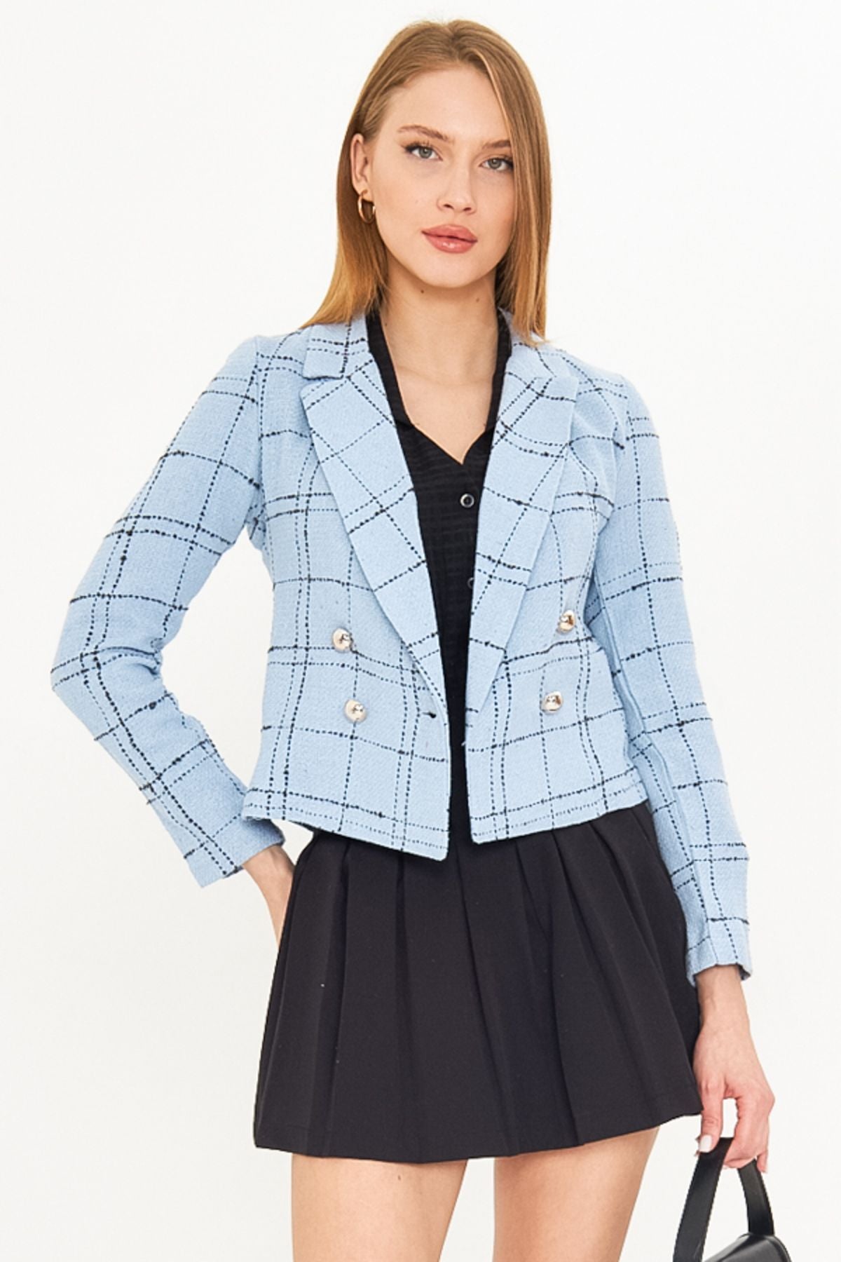 Women's Blue-Black Cruve Yaka Tüvit Crop Jacket ARM-24K001014