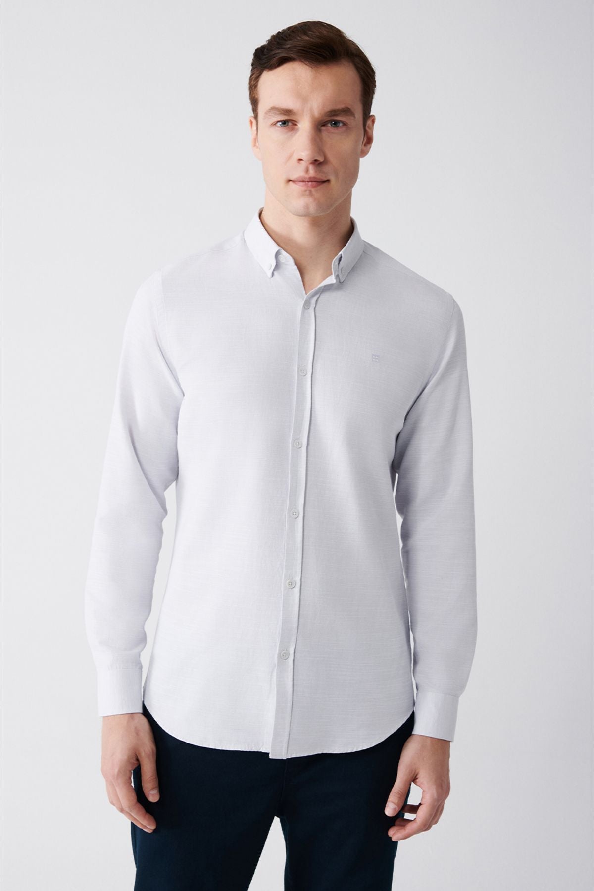 Men's gray button collar soft pennant cotton shirt A31y2015
