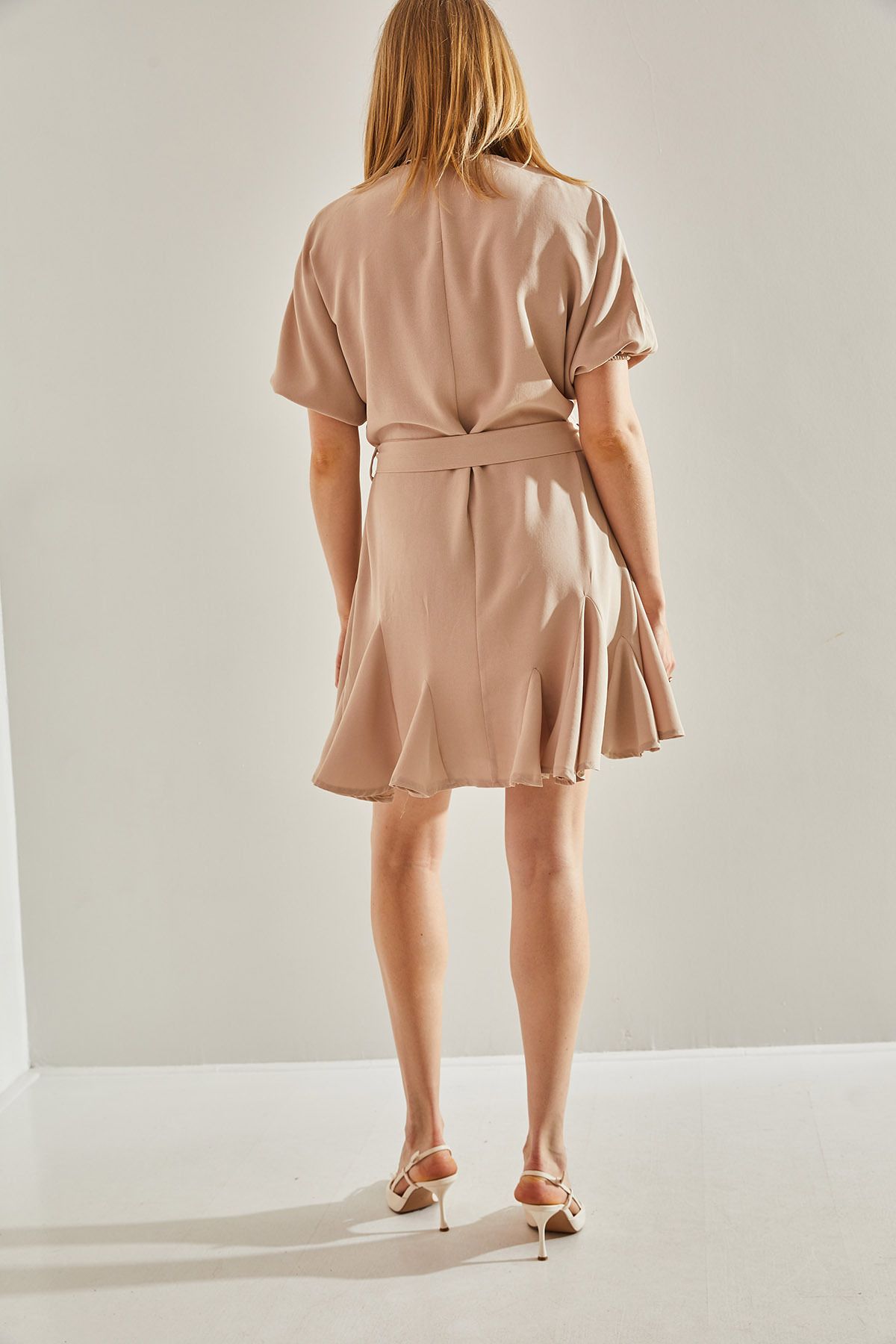 Female Beige Ruffle Detailed V -Neck Bidelite Dress 60251019