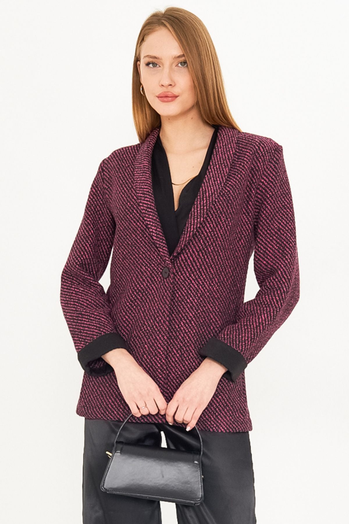 Women's Fuchsia striped arm folded single button stamp jacket ARM-25K001106