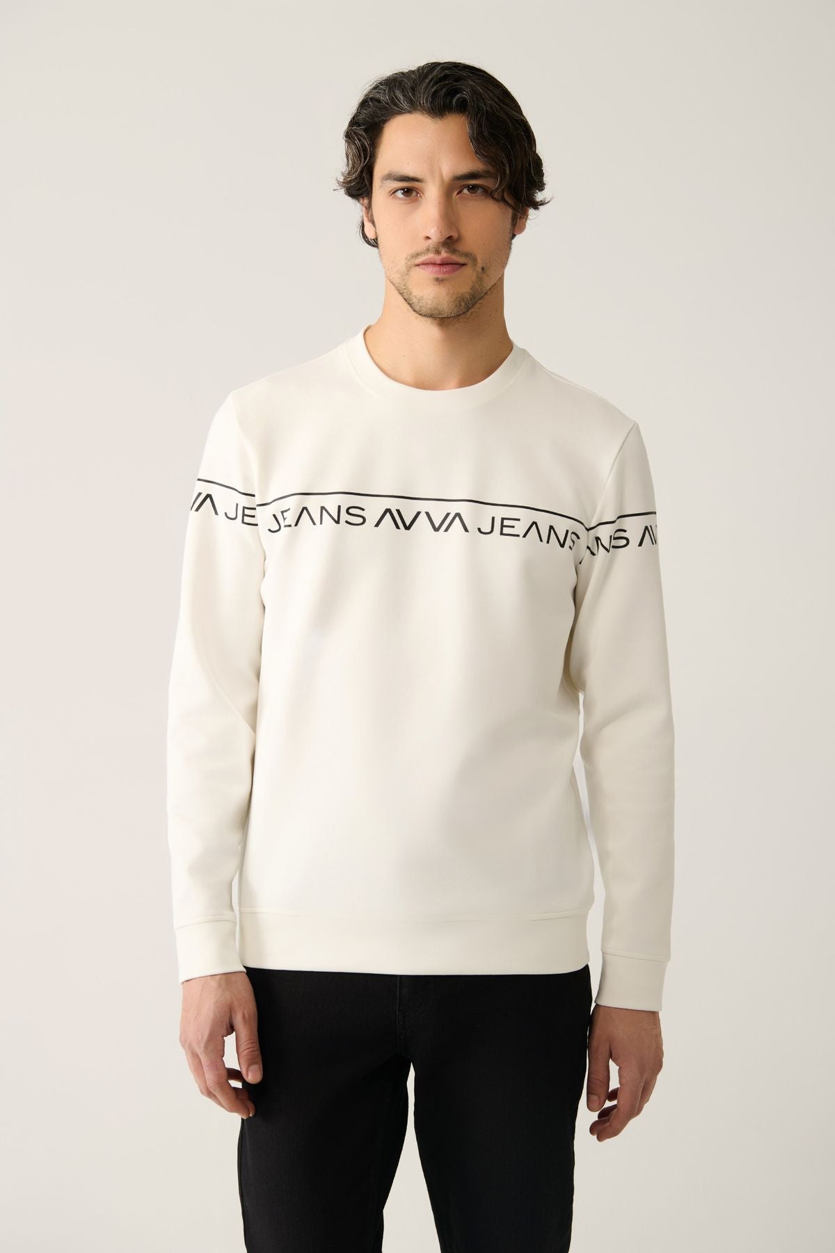 Men's White Bike Collar Interlok Printed Sweatshirt A41y1241