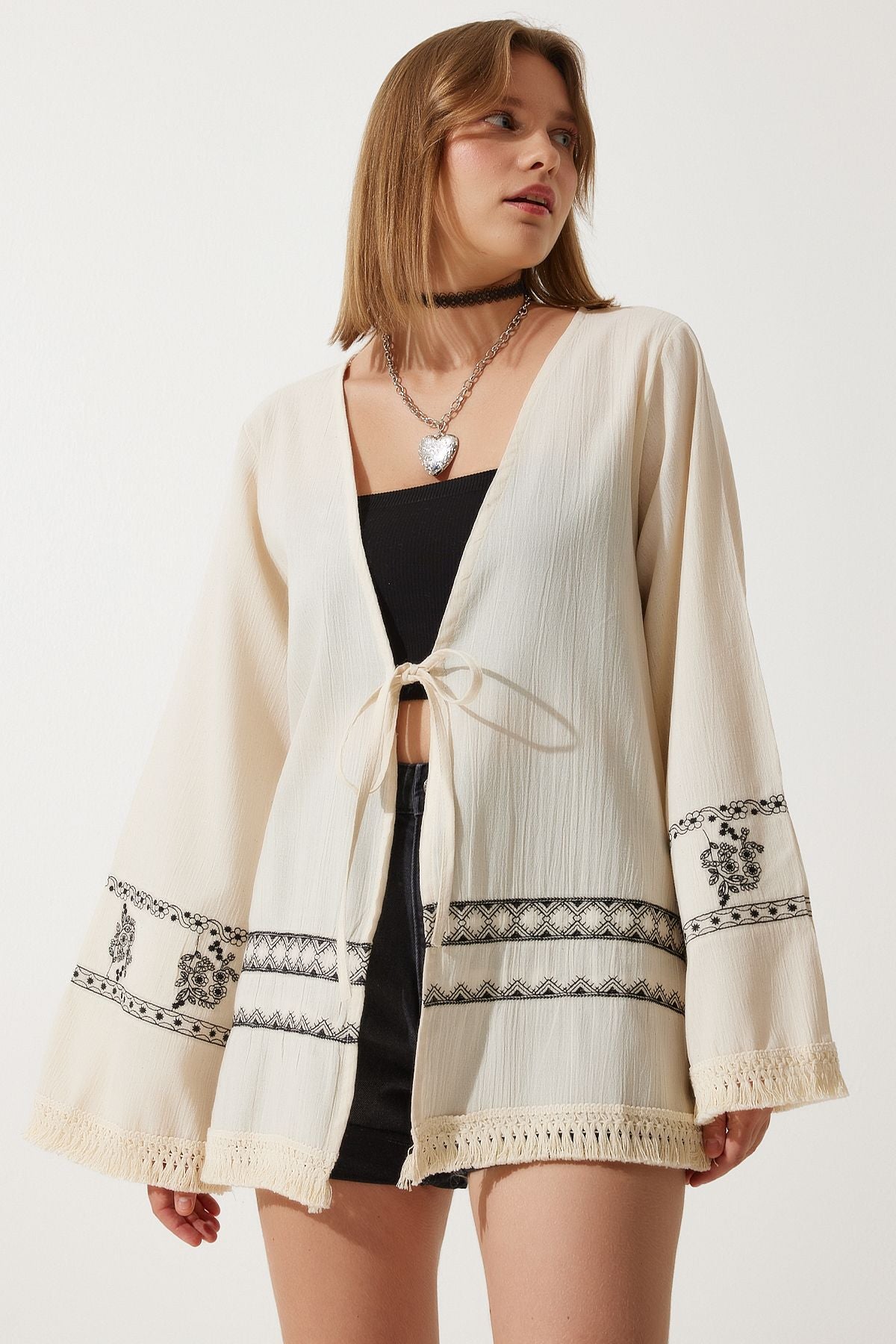 Women's Cream Embroidery Raw Linen Kimono RG00035