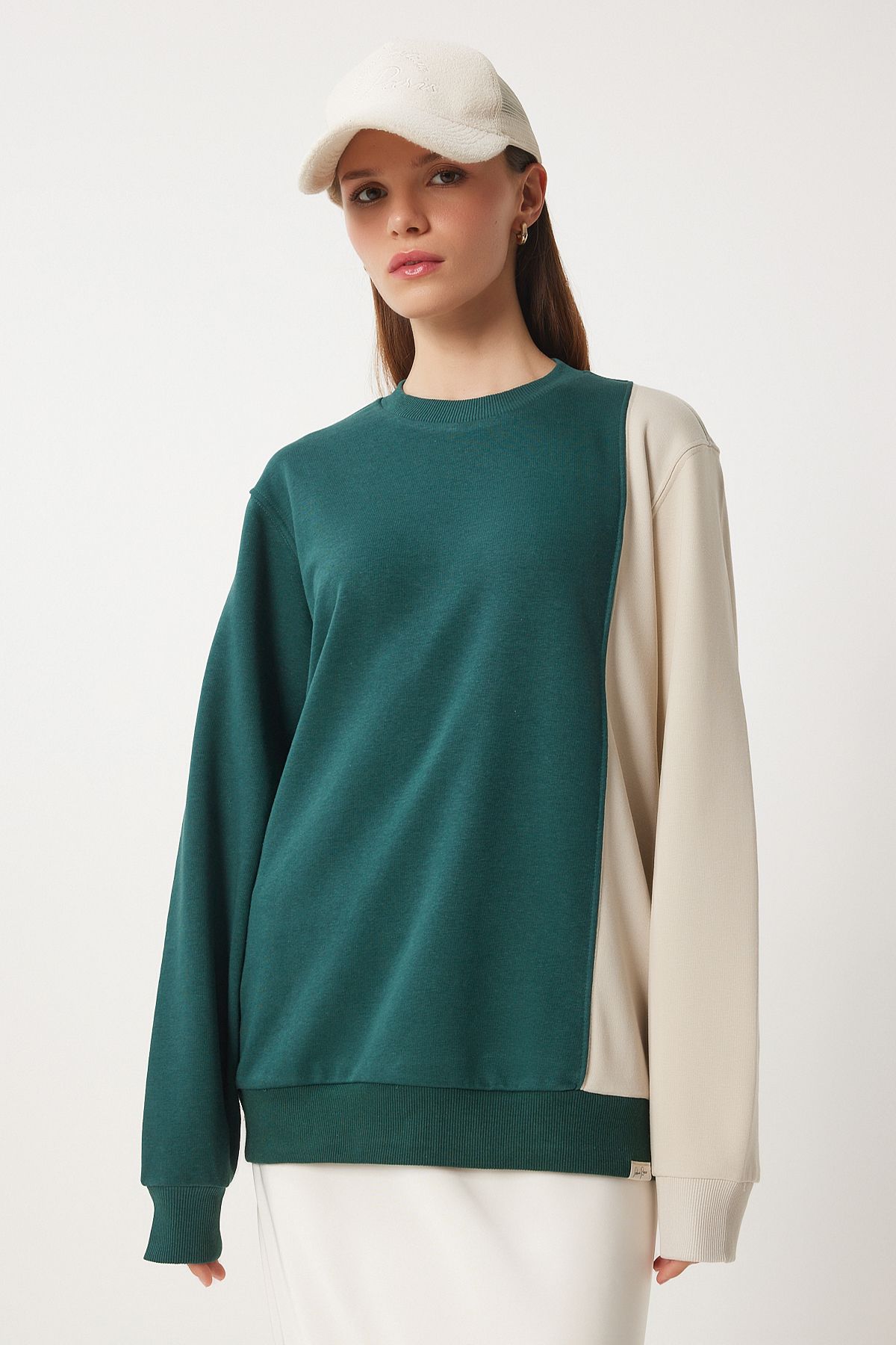 Female Green Block Color Knitting Sweatshirt vn00021