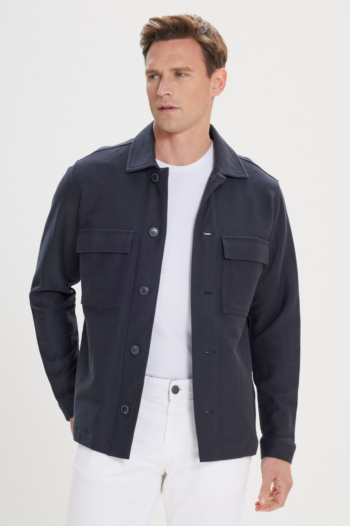 Men's navy blue standard fit normal cut shirt collar 100 %cotton coat
