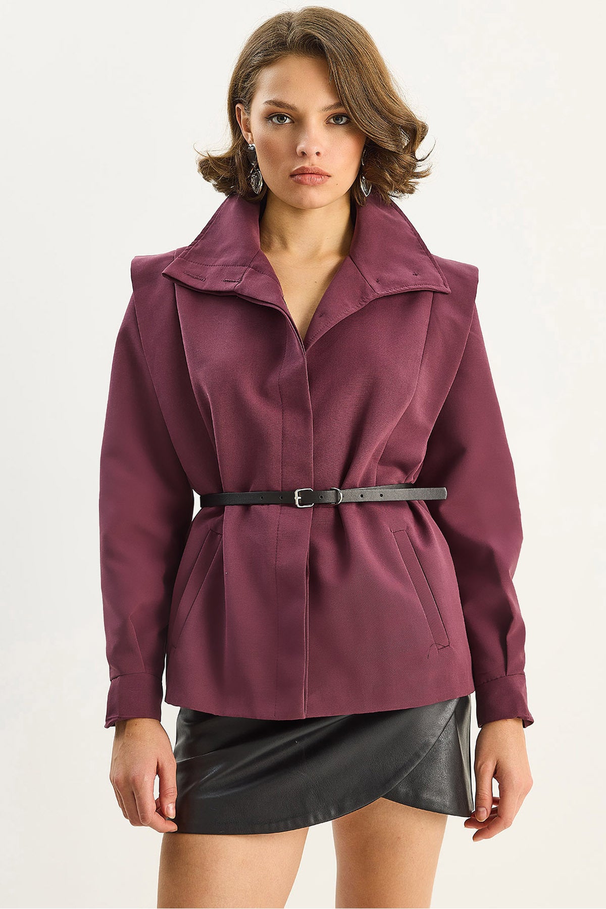 Women's Structured Shoulder Detailed Belted Lined Jacket 0214 60283728