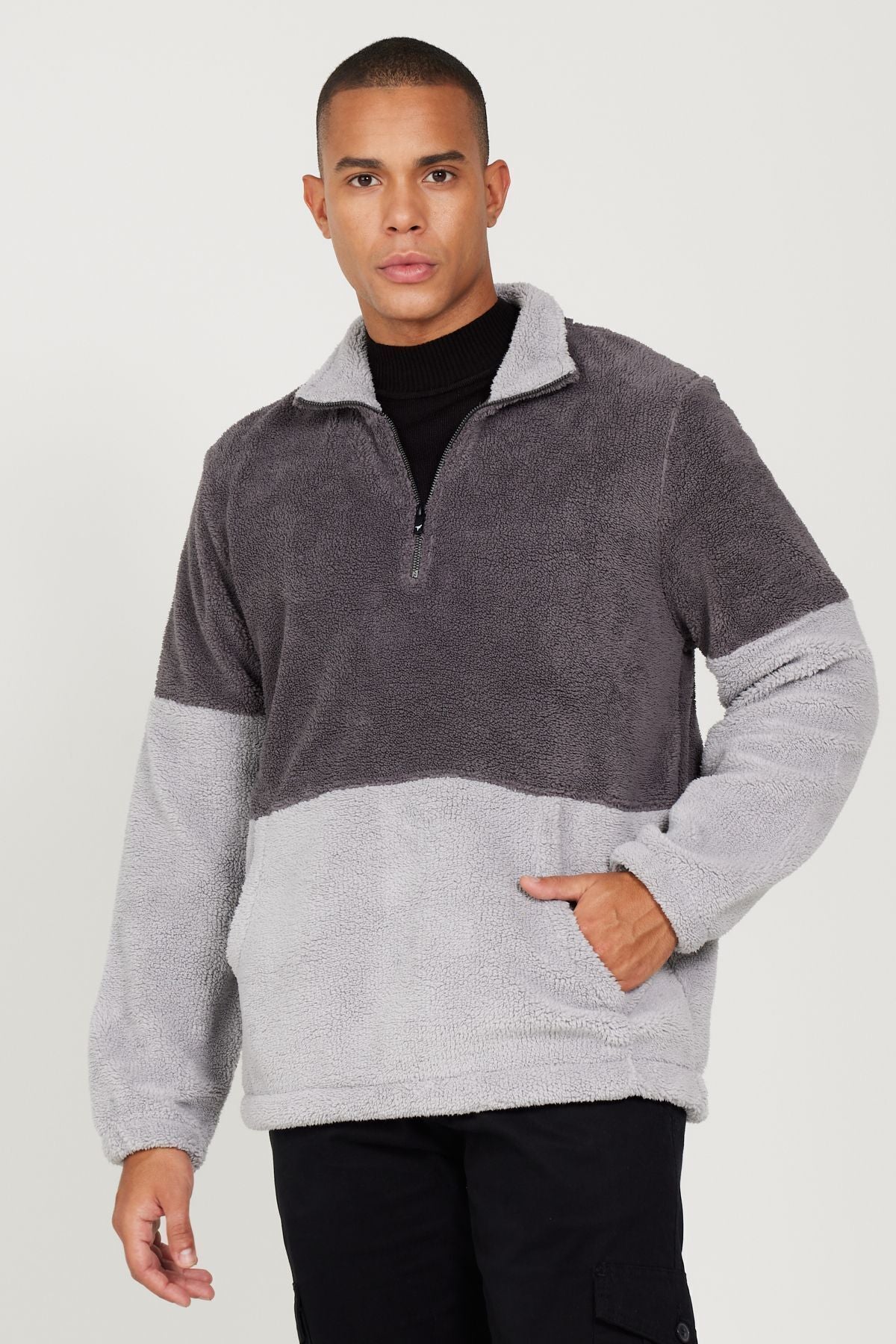 Male A.Melanj G.Malanj Standard Fit Red Collar Kangaroo Double Sherpa Polar Sweatshirt