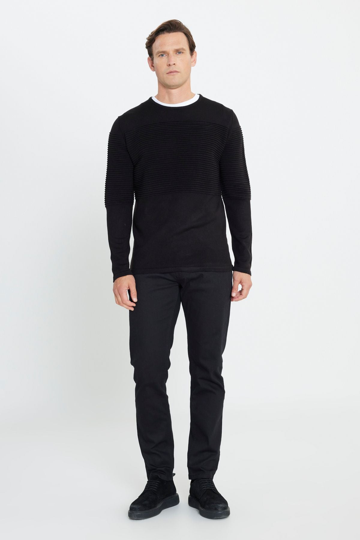 Men's black anti-pilling featured standard fit bicycle collar textured knitwear sweater