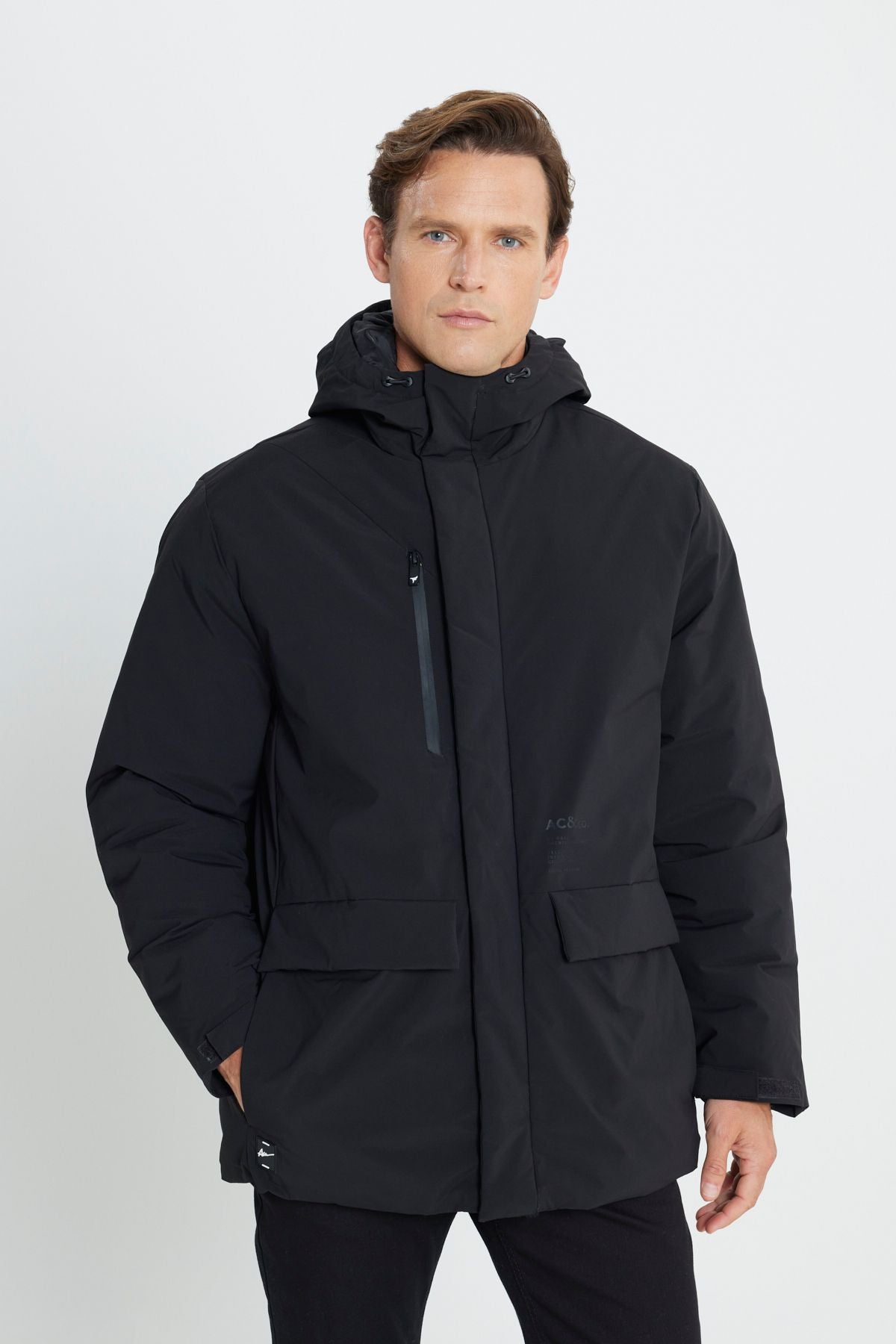 Men's black hooded upright collar standard fit hot winding windproof coat