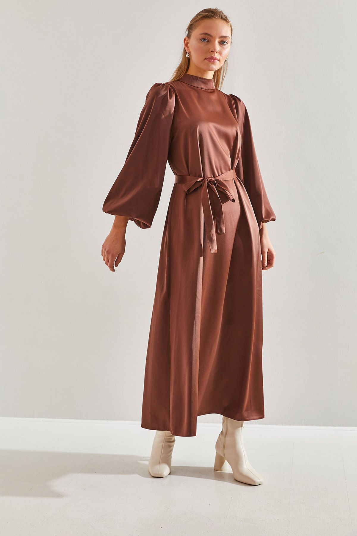 Female Balloon Sleeve Satin Hijab Dress 60151001