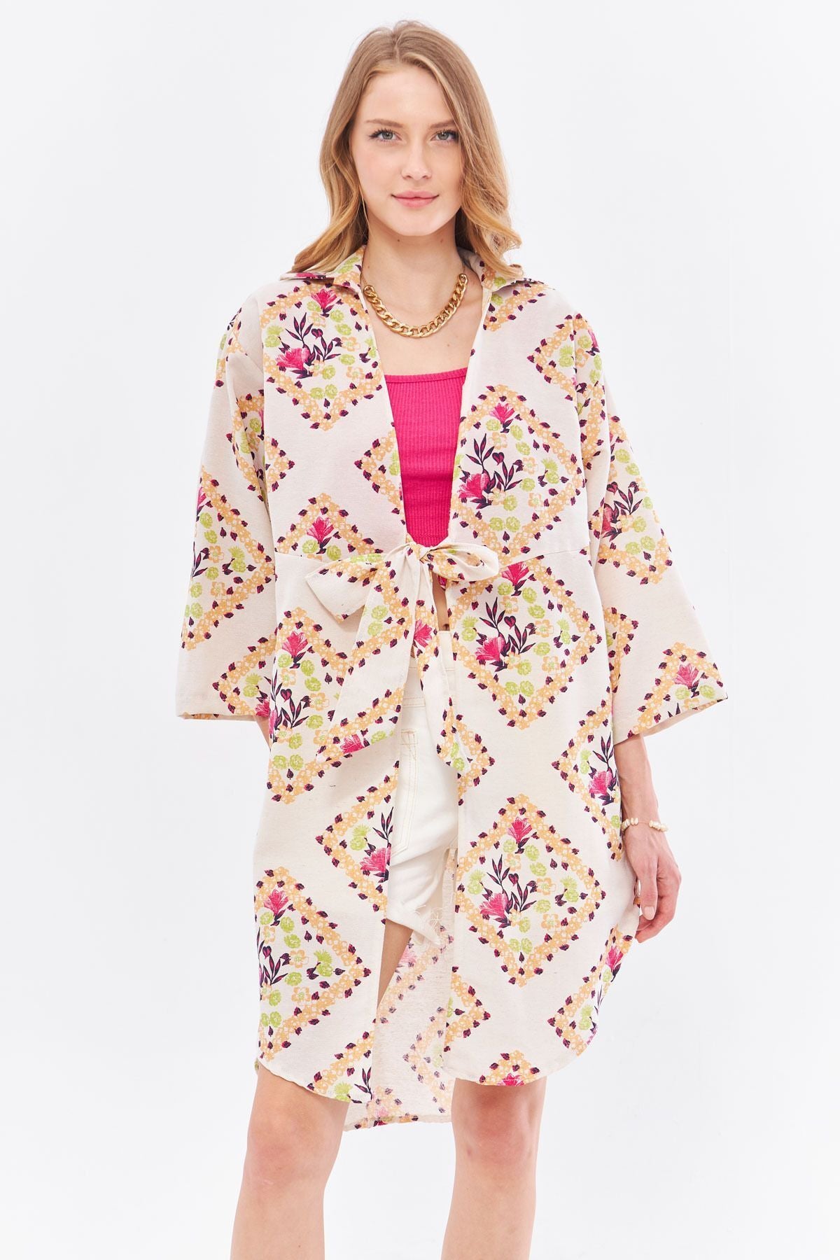 Women's open fuchsia linen-looking patterned front-binding midi height kimono shirt ARM-24Y001096