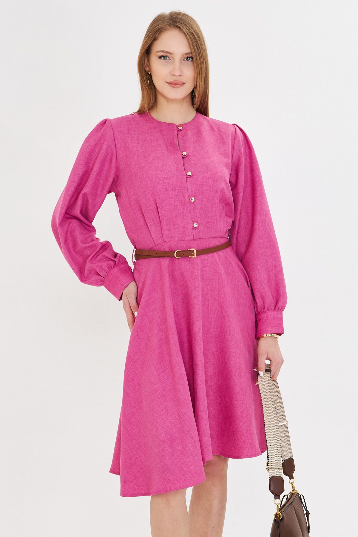 Fuchsia Zero collar front buttoned arms with headlines with arched arched dress ARM-25Y001006
