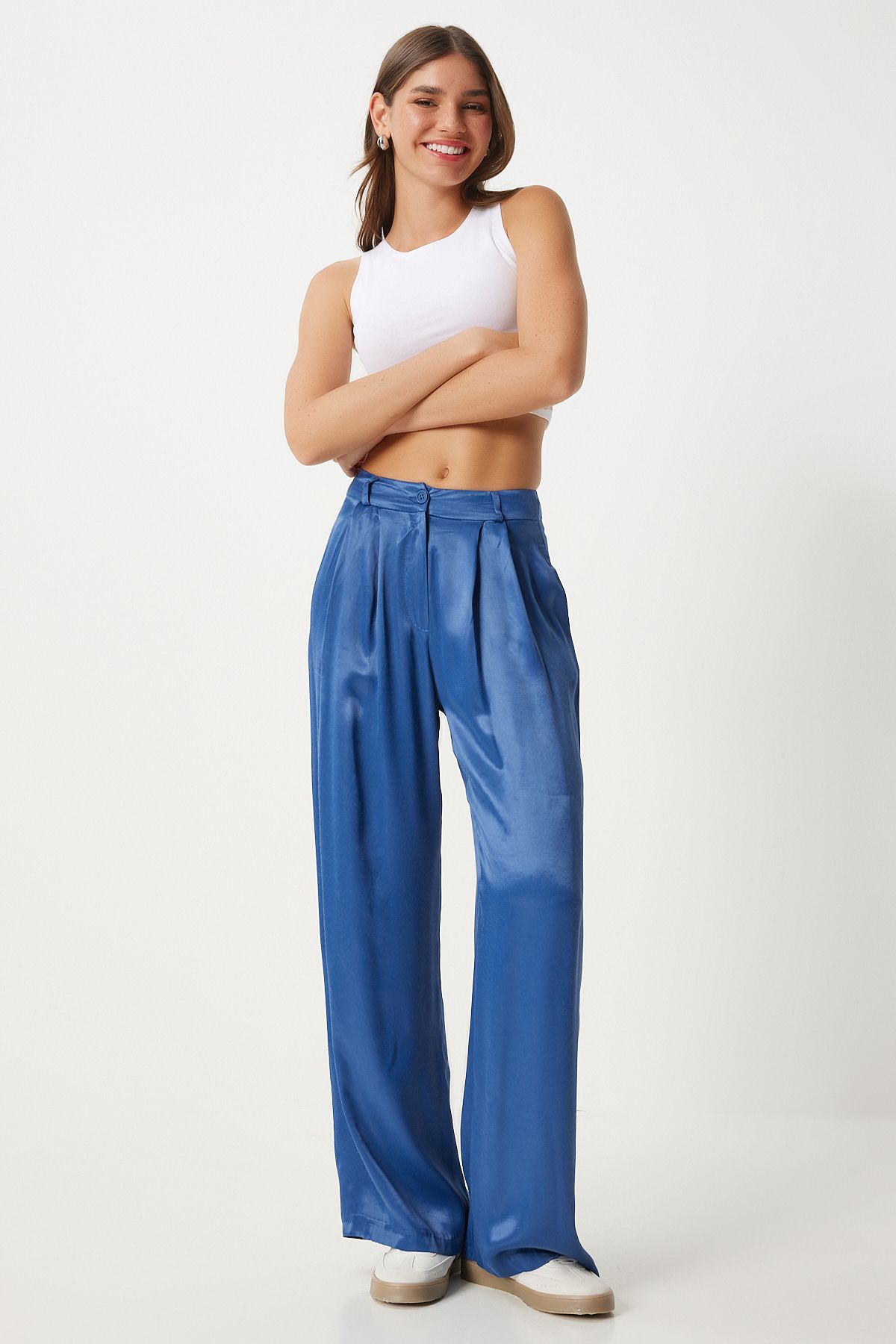 Women's Indigo Blue Satin Surface Palazzo Pants FN03270