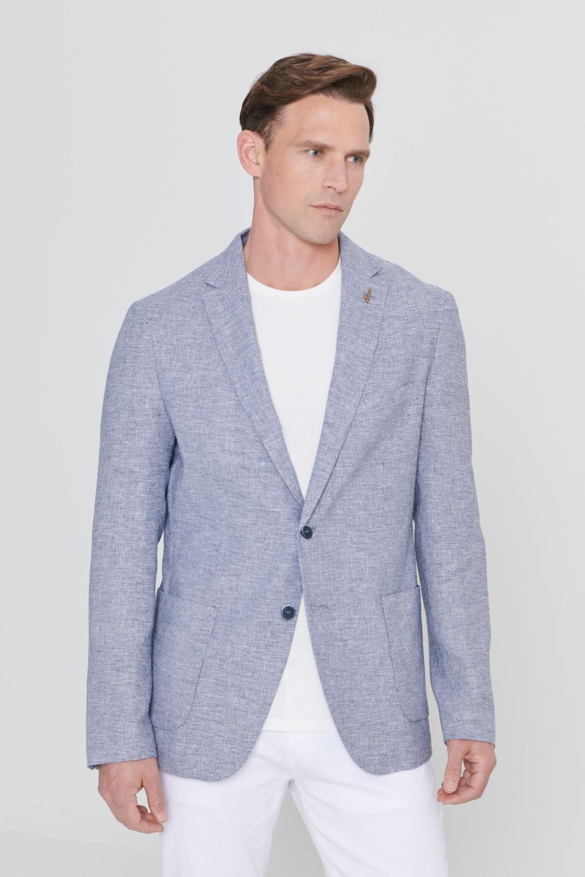 Men's navy blue slim fit narrow cutting linen patterned mono collar bag pocket blazer jacket