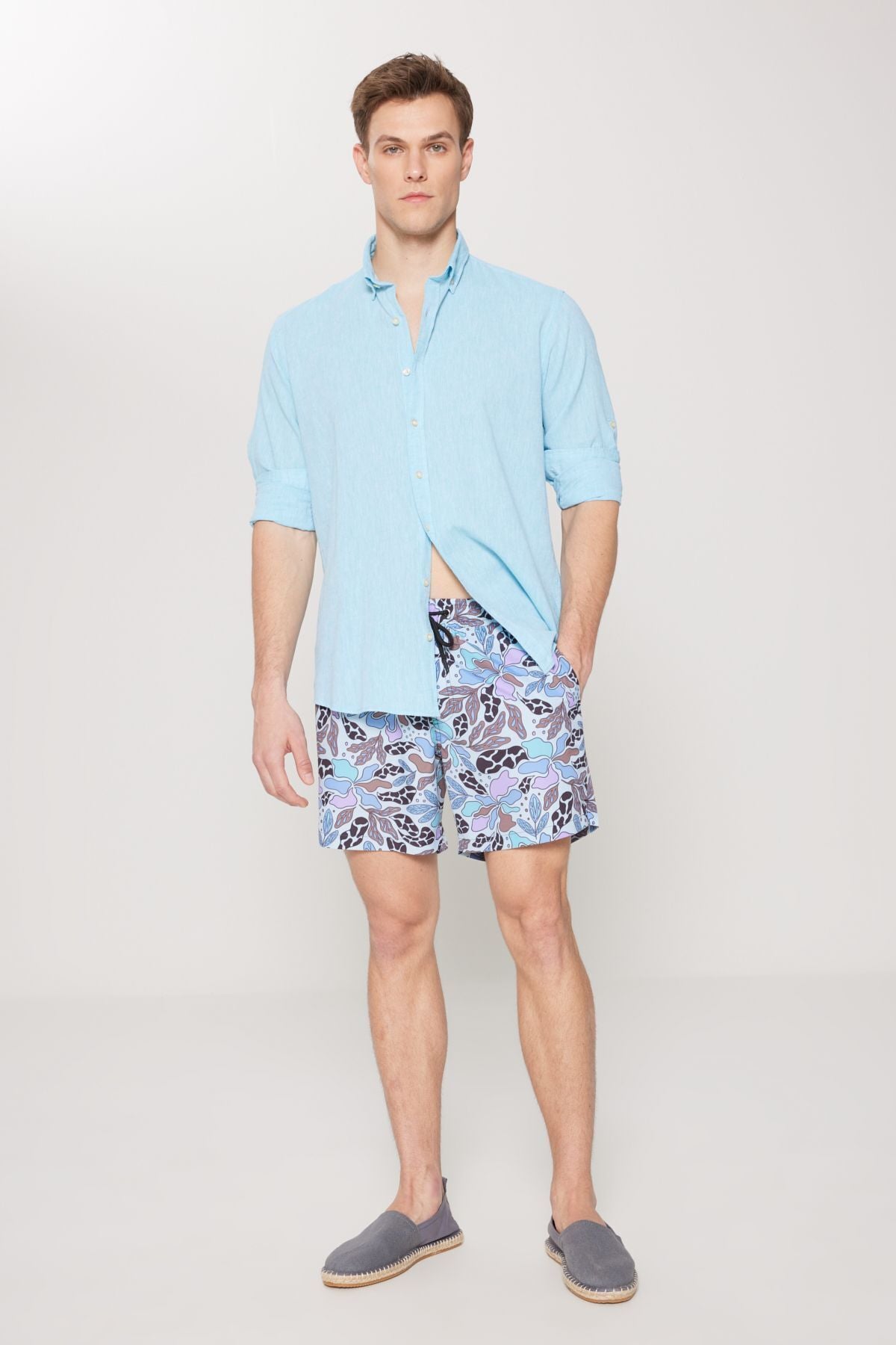 Men's Blue Standard Fit Normal Normal Cutting Pocket Fast Drying Patterned Mayo Sea Short