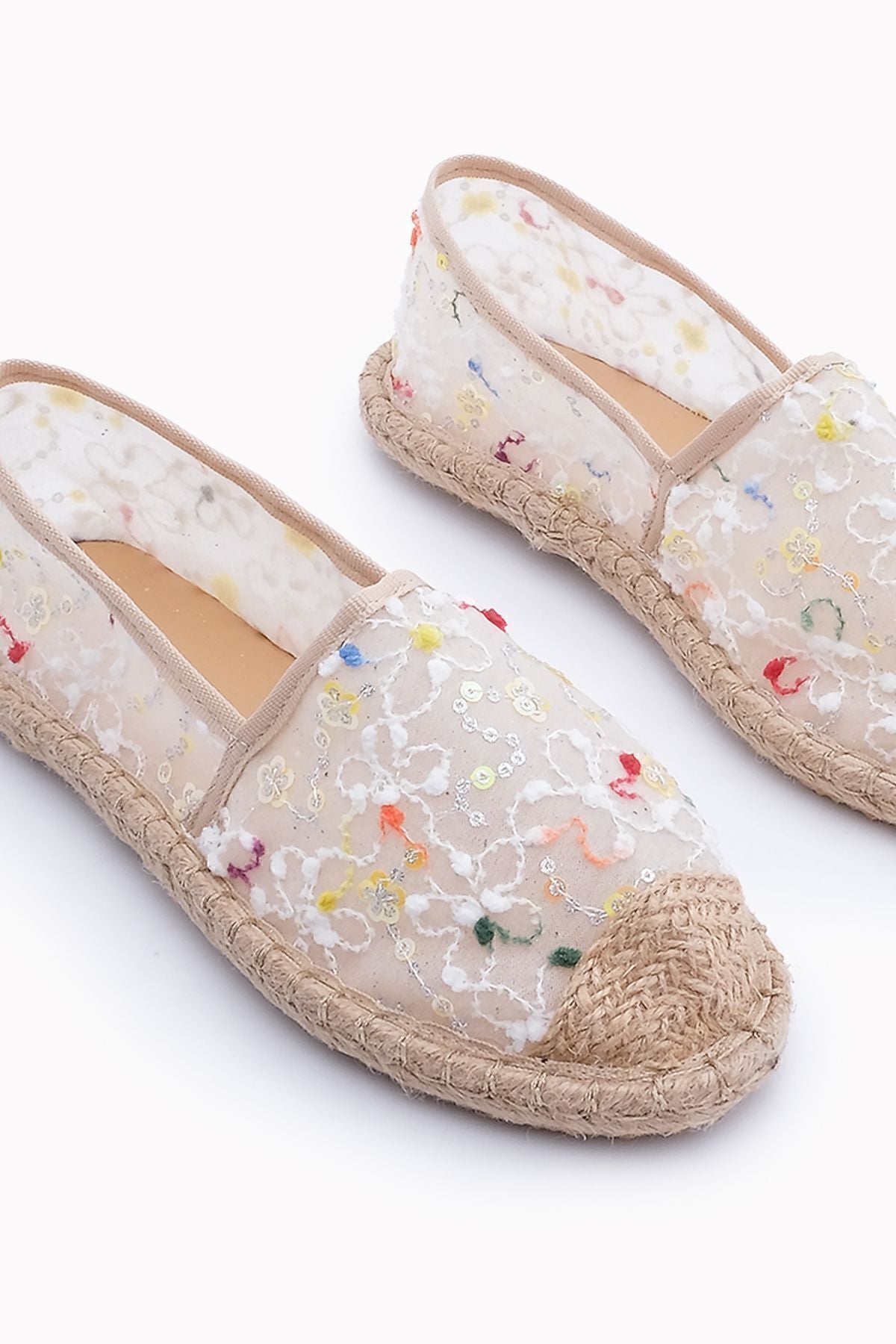 Female Flower Flower Embroidered Jute Espadril Babet Tiras White