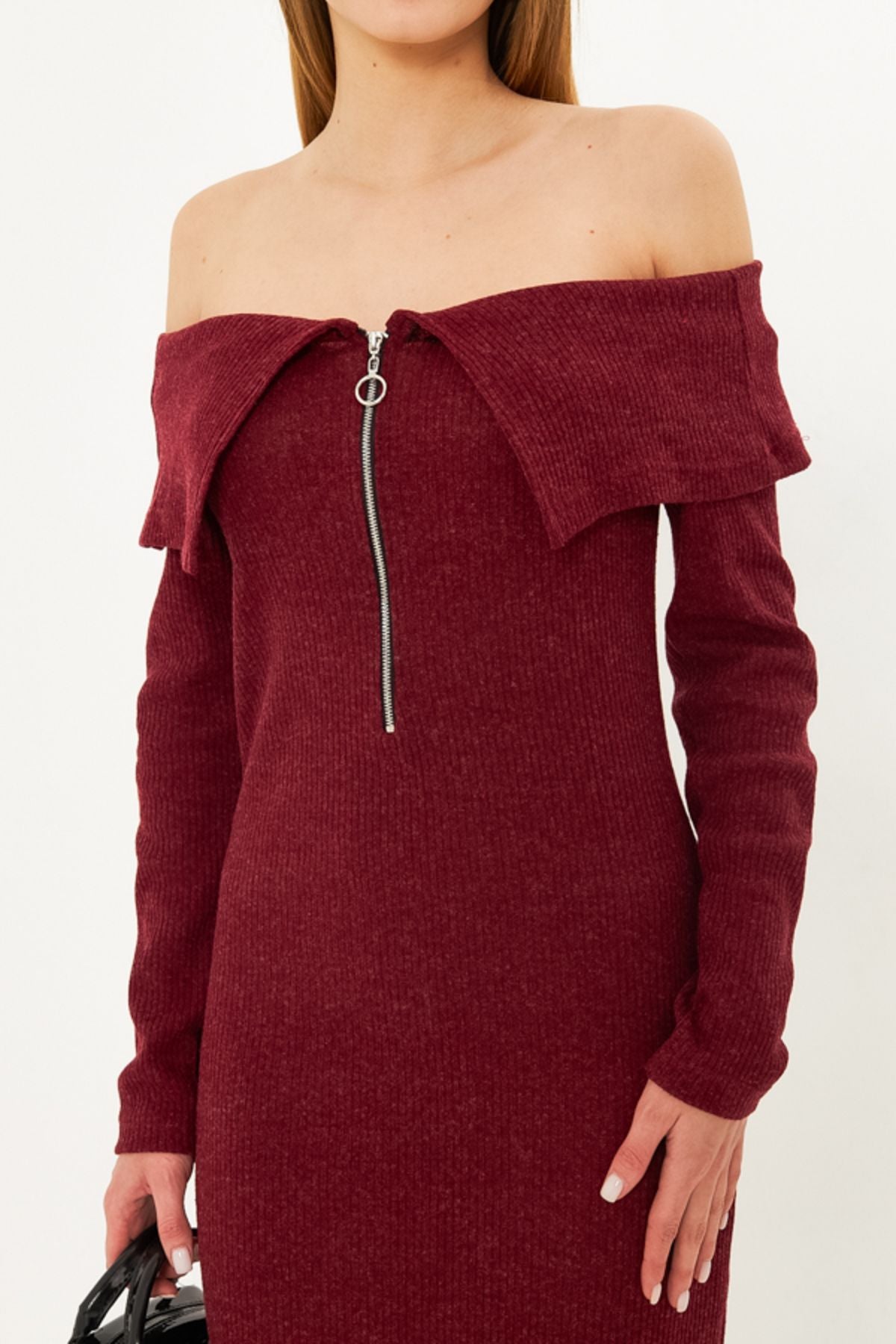 Female Bordeaux Low Shoulder Front Zippered Slit Midi Boynlet Dress ARM-25K001089
