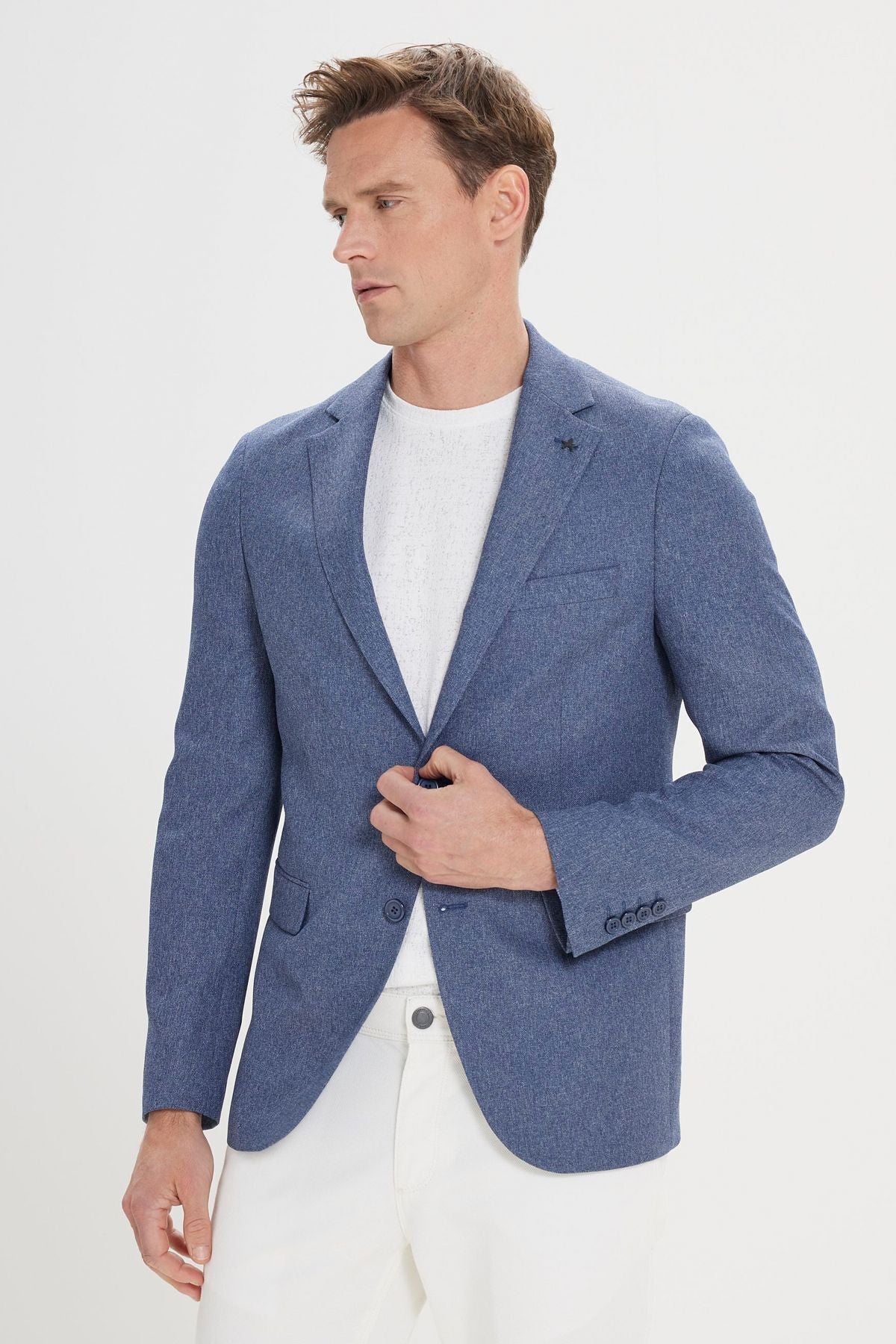 Men's blue slim fit narrow cutting mono collar patterned blazer jacket