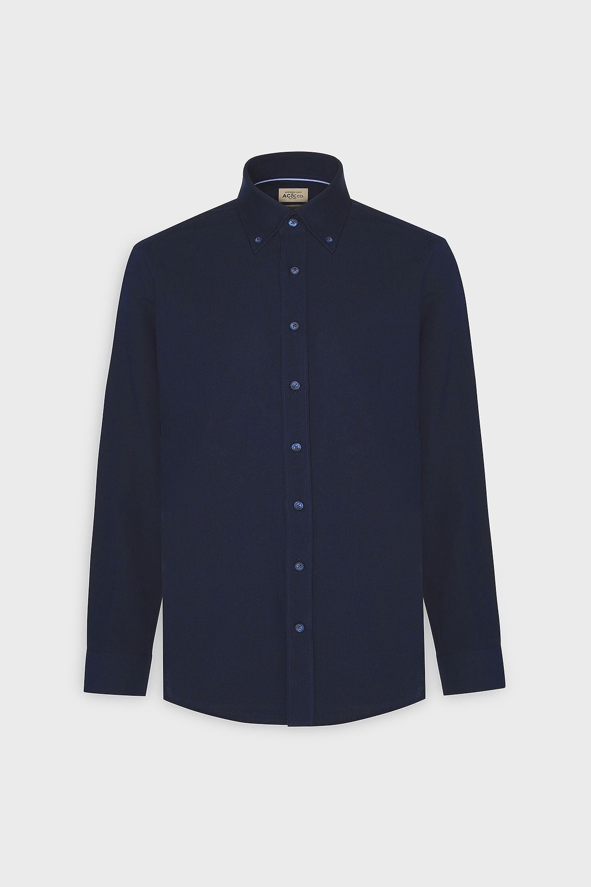 Men's dark navy blue slim fit narrow cut buttoned collar cotton oxford shirt