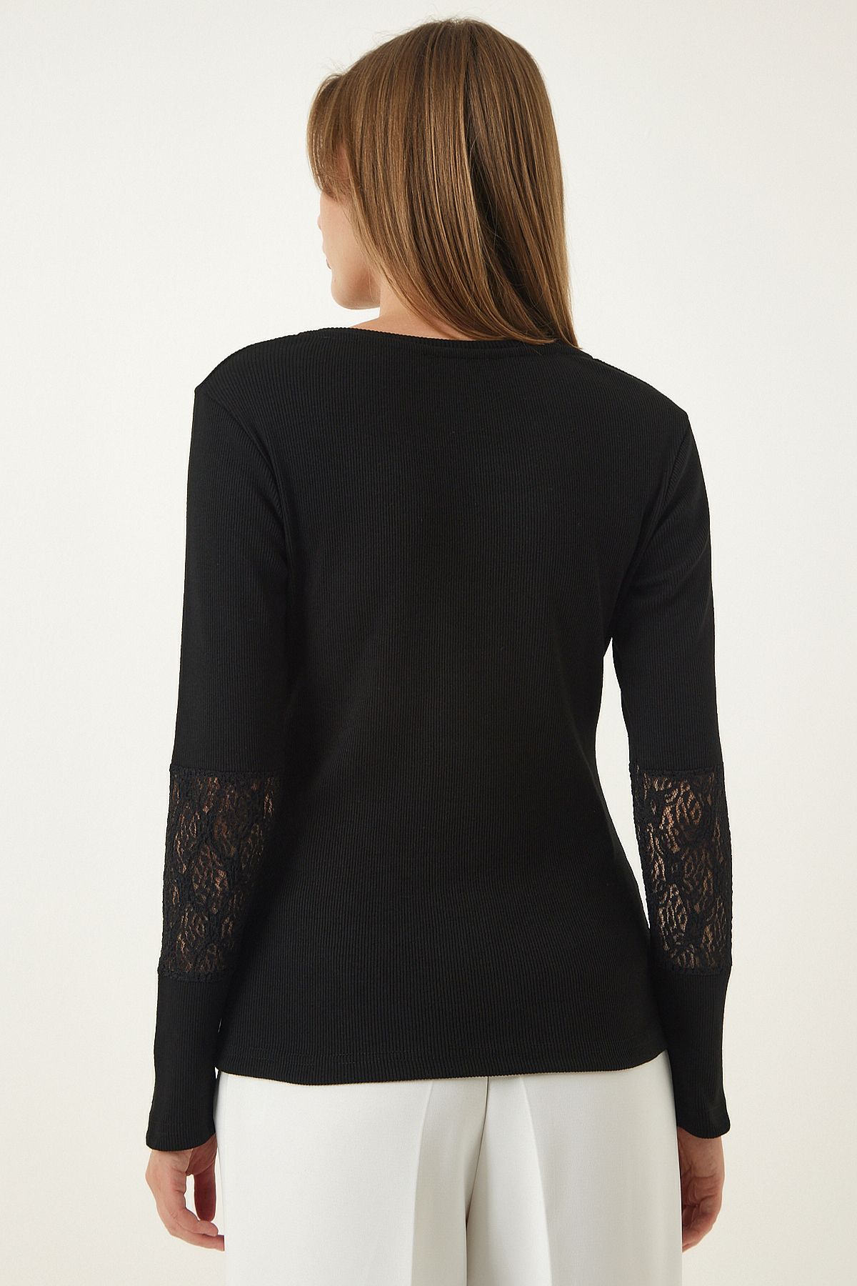 Woman Black Lace Wrapping Wick Knitting Blouse EN00602