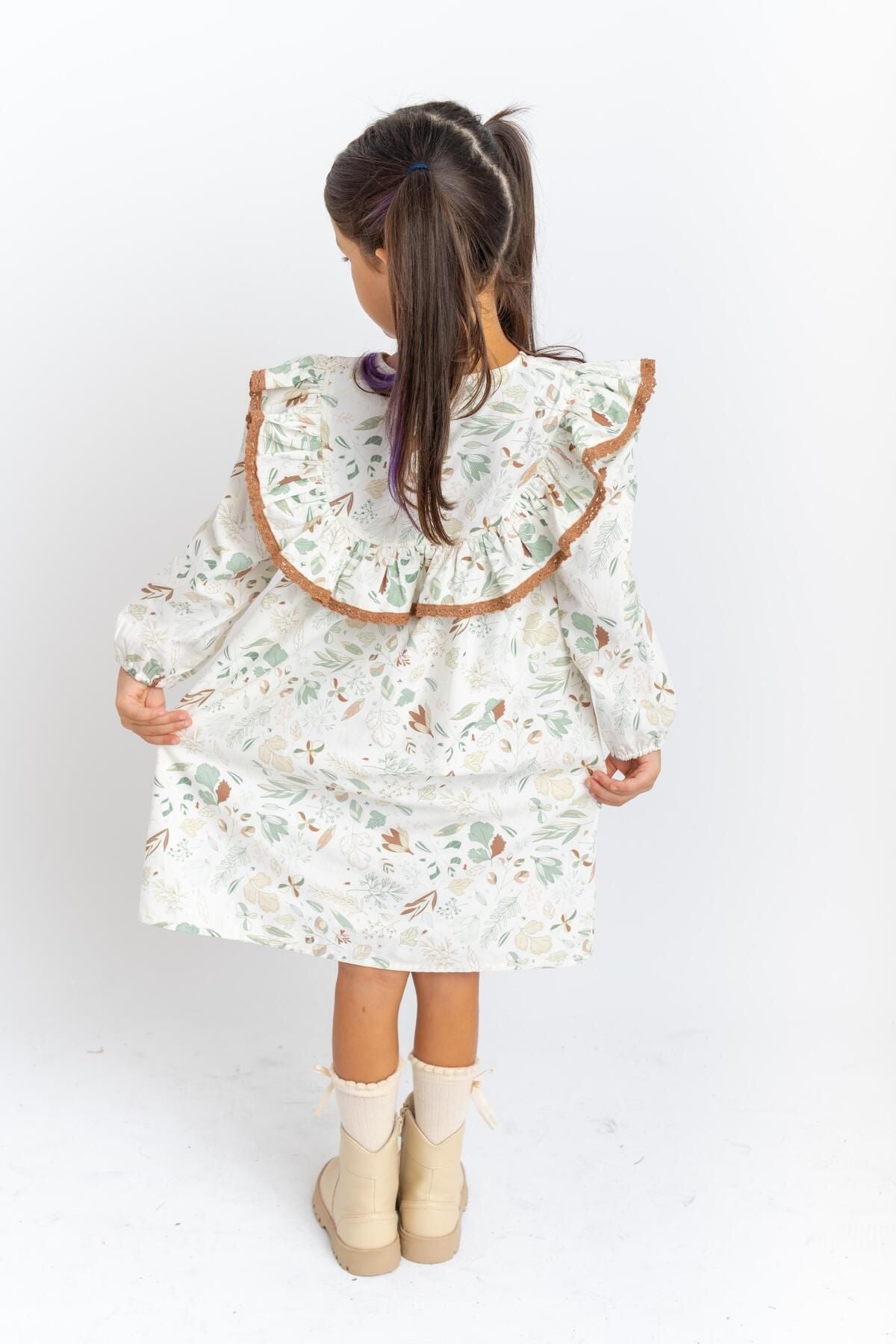 Ruffle lace poplin dress 2-7 years ecru patter