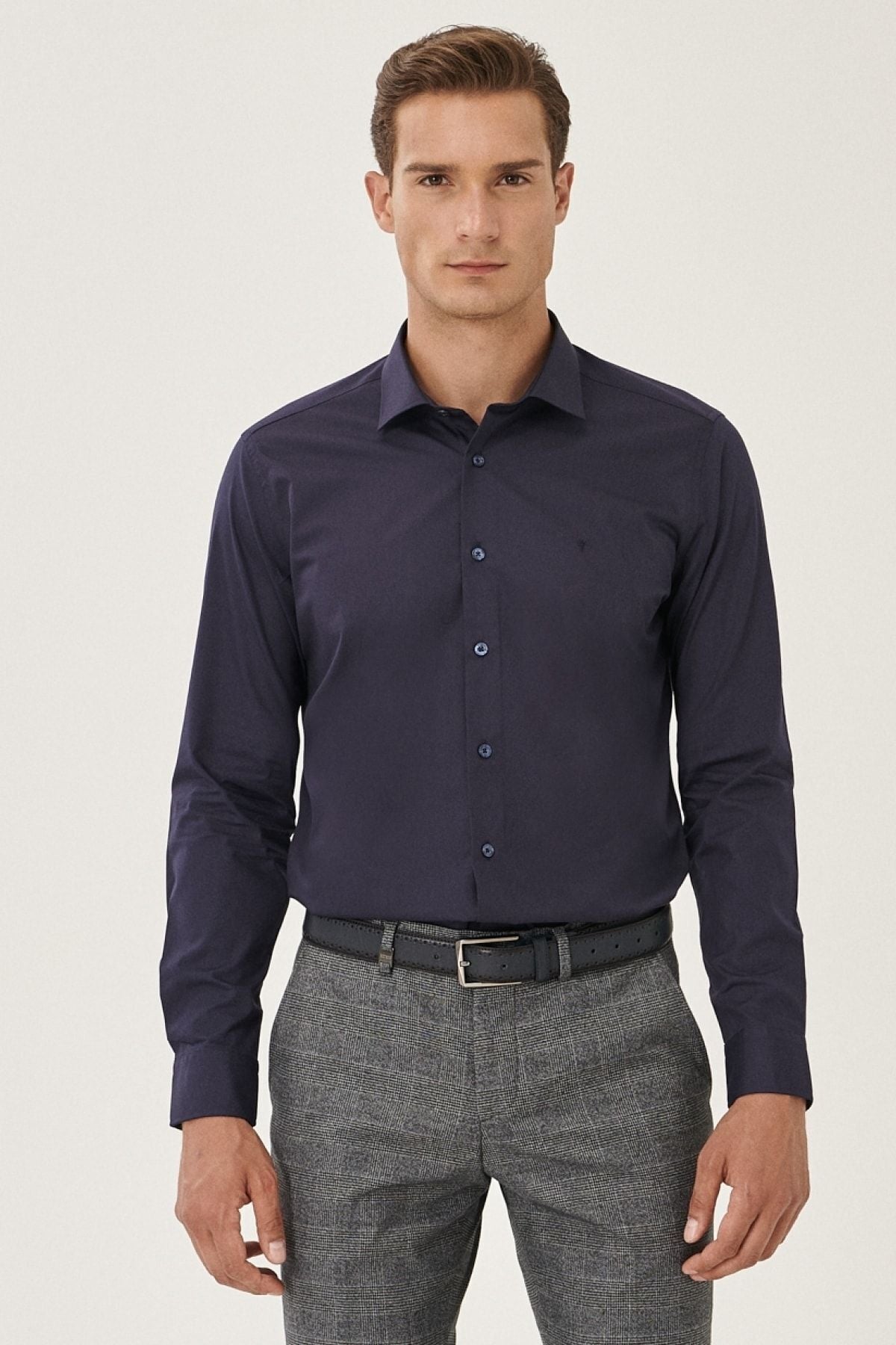Men's Dark Navy Blind Ironing Easy Non-Iron Slim Fit Narrow Cut Classic Neck Cotton Cotton Shirt