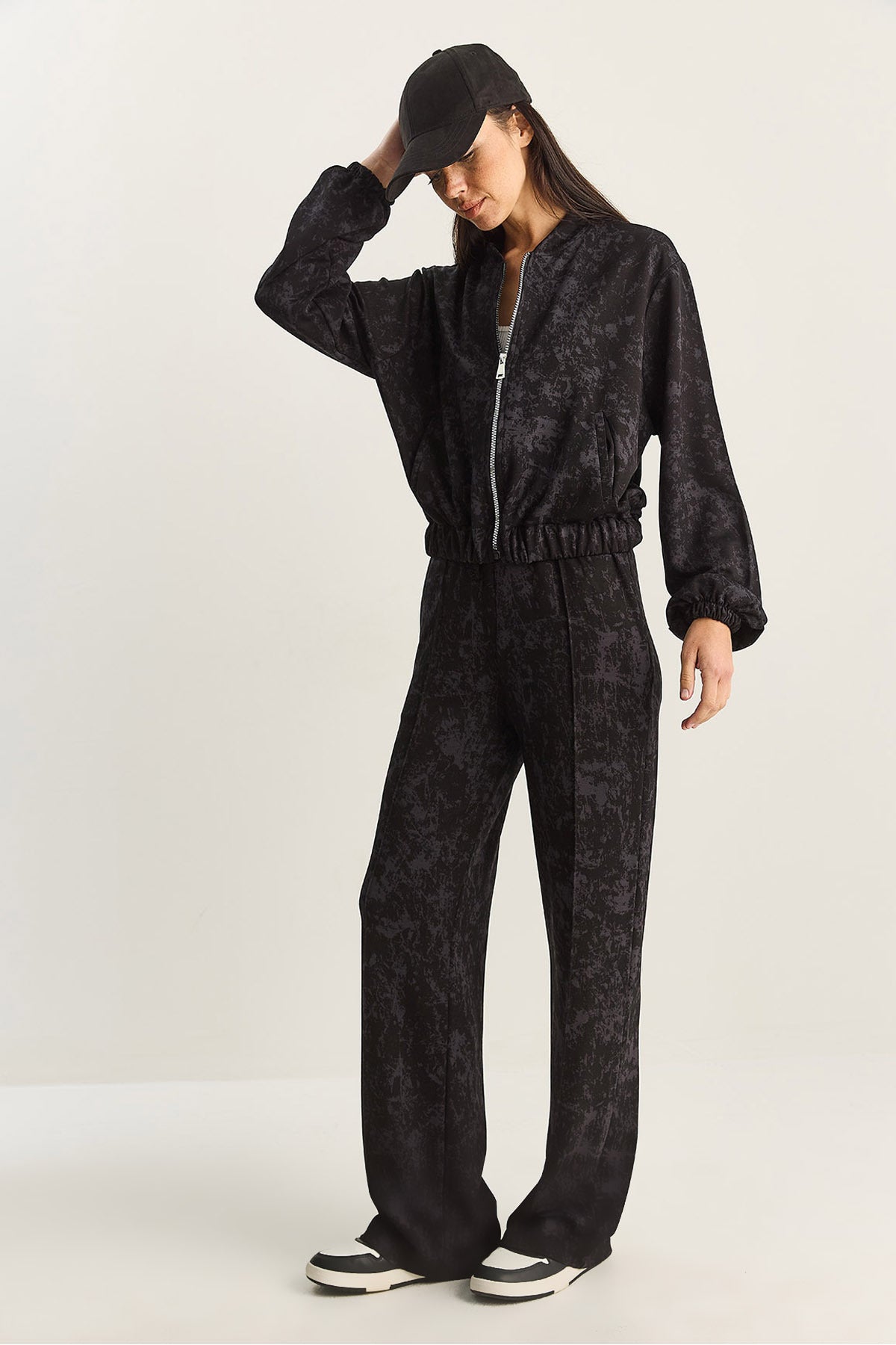 Women's Zippered Patterned Top-Bottom Knitted Suit 4098 60283846