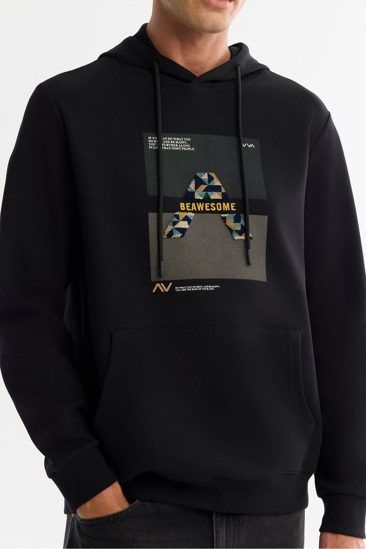 Men's black hooded cotton printed elastan sweatshirt a42y1321