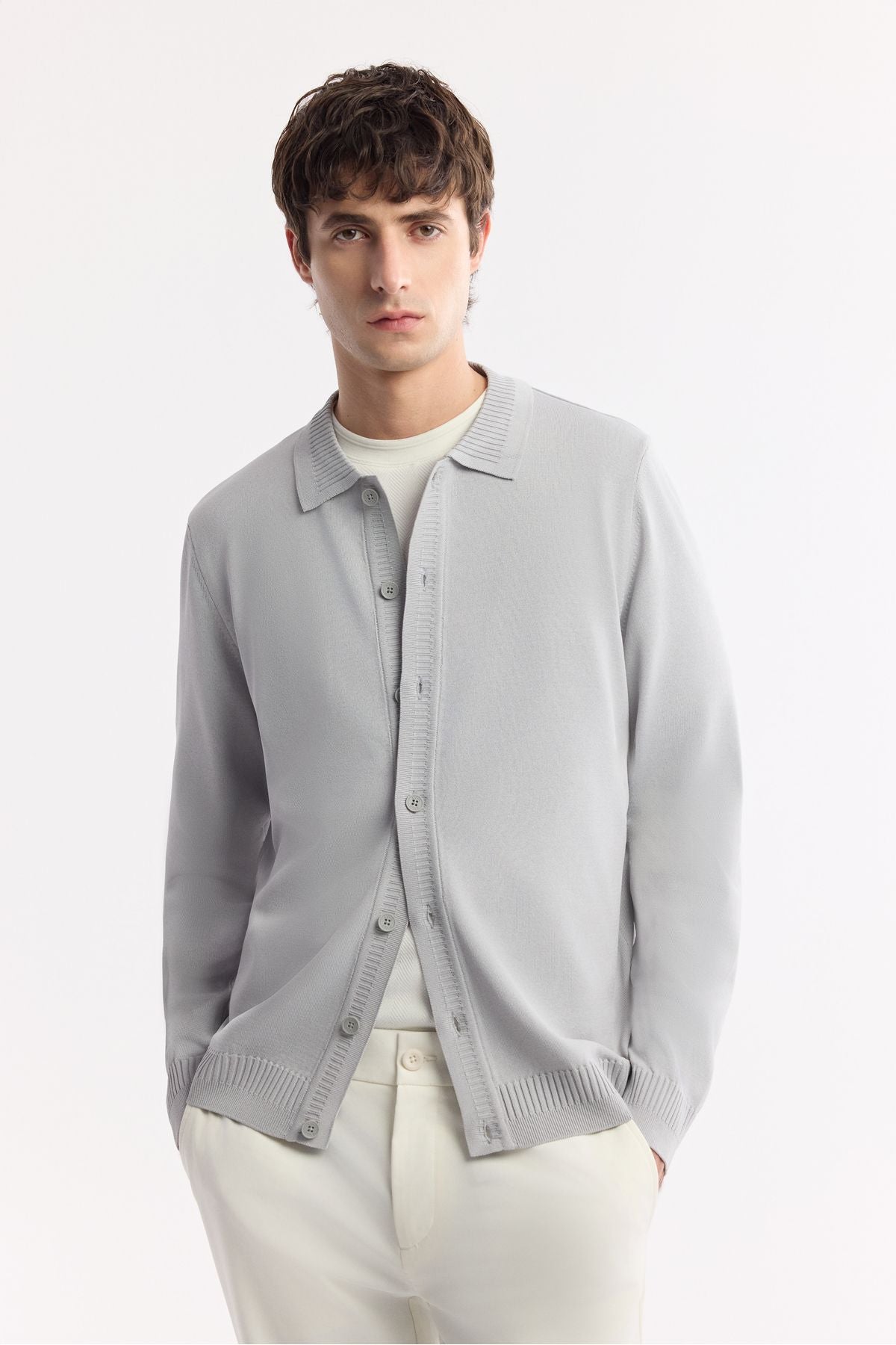Men's gray polo collar front buttoned rayon knitwear cardigan A51y5008