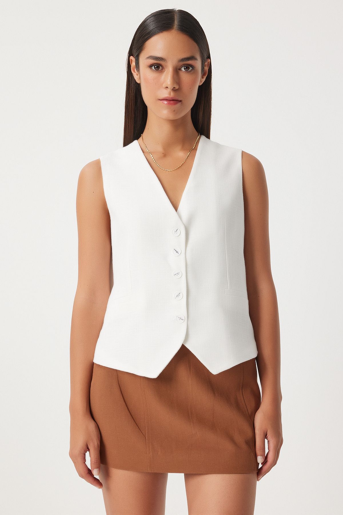 WOMEN WHITE but button closure linen vest DP00207