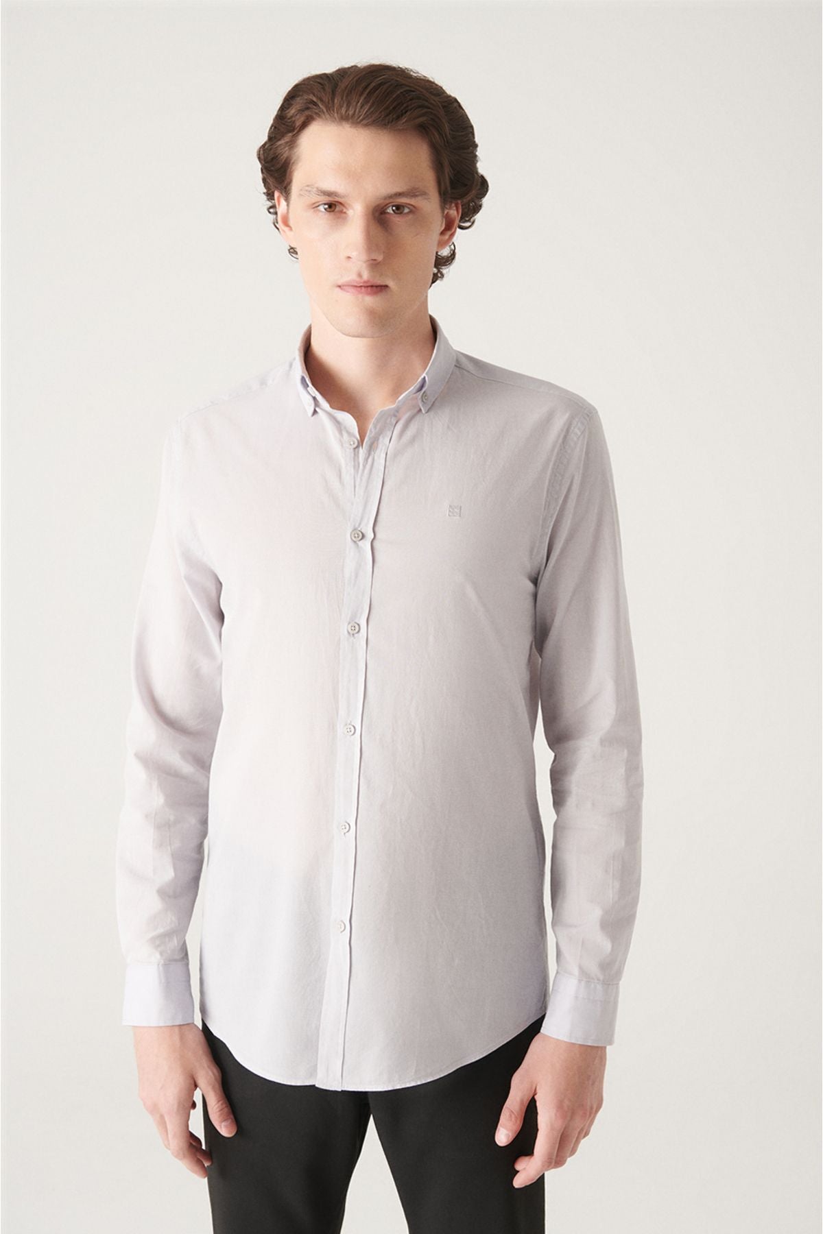 Male Light Gray 100 %Cotton Futter Soft Key buttoned Neck Shirt E002206