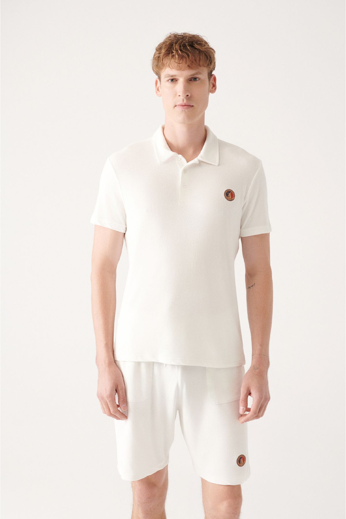Men's White Soft Touch Towel Marine Printed Polo Yaka T-shirt A31y1033