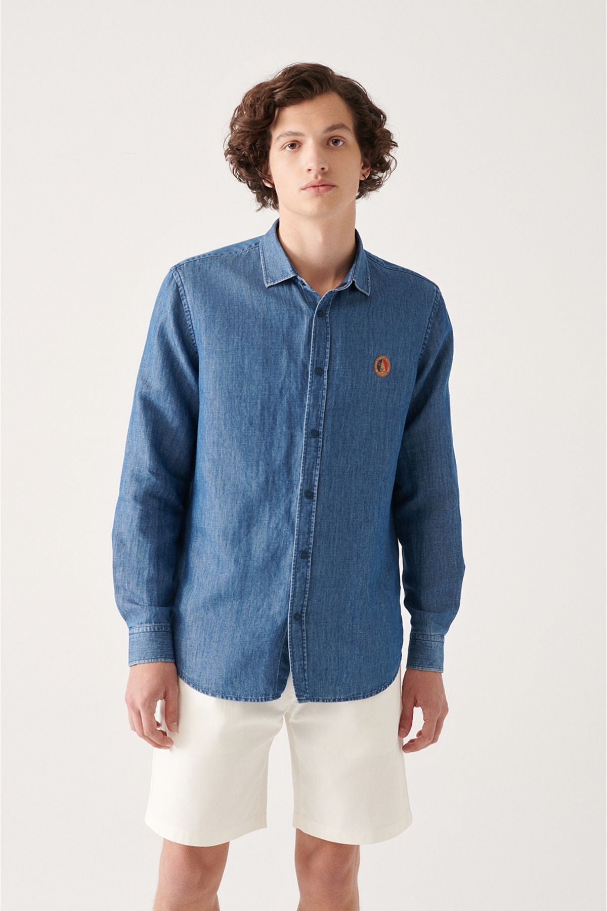 Men's Blue Cotton Snap Marine Printed Denim Shirt A31y2224