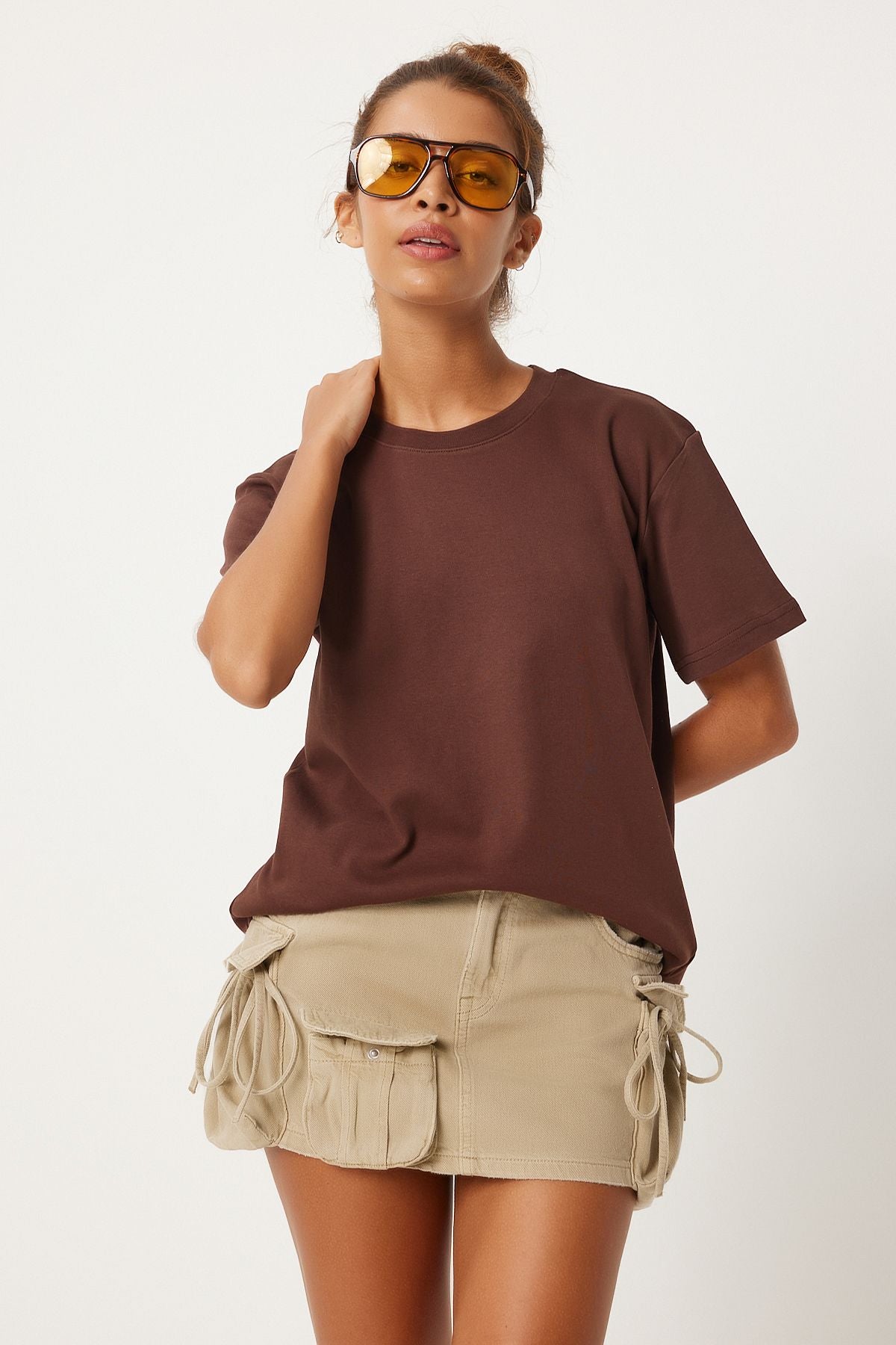 Female Brown Bicycle Collar 100 %Cotton Combed T-Shirt FN03265