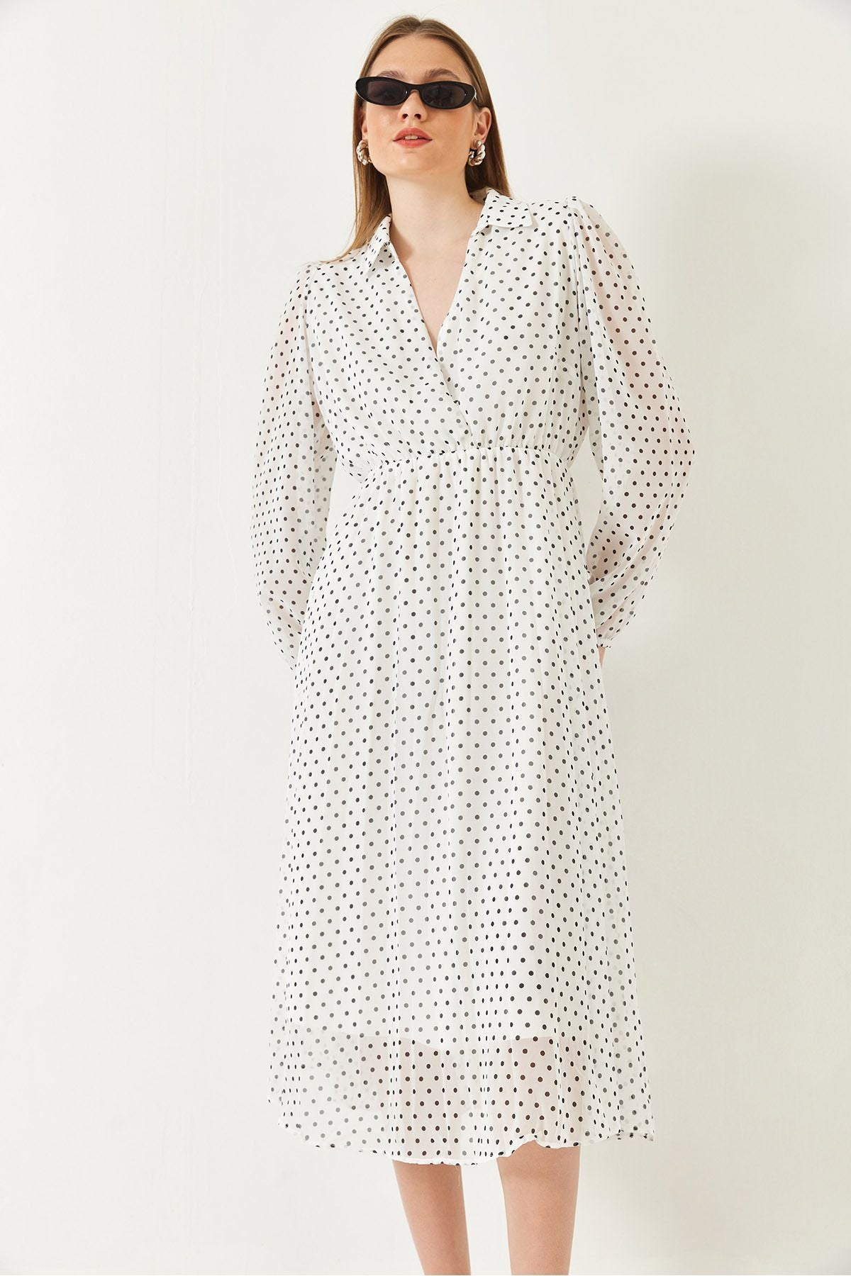 Women's Waist Pekle with a polka dot lined midi woven dress 70295 60271032