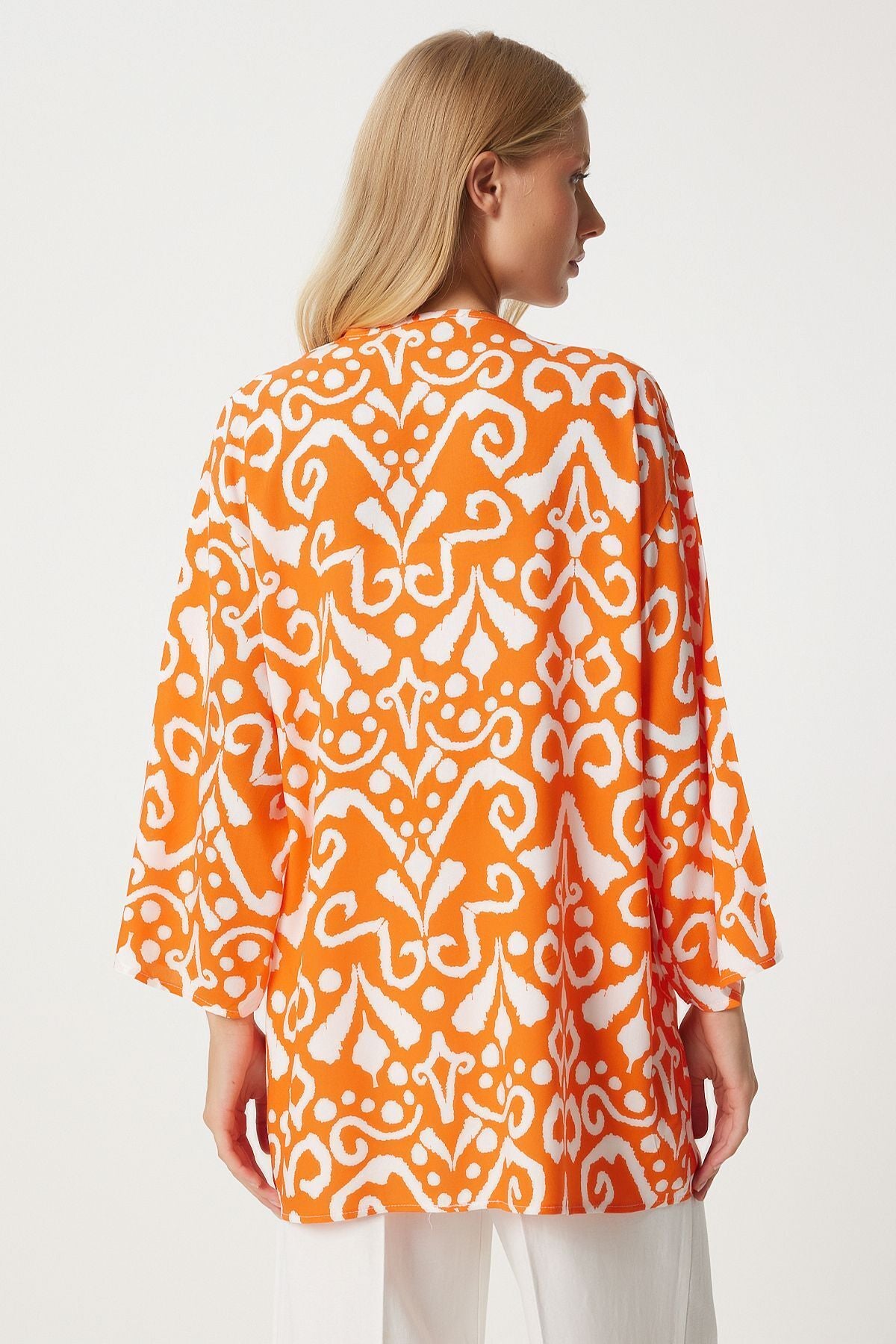 Female Orange Ecru Patterned Viscose Kimono EN00615