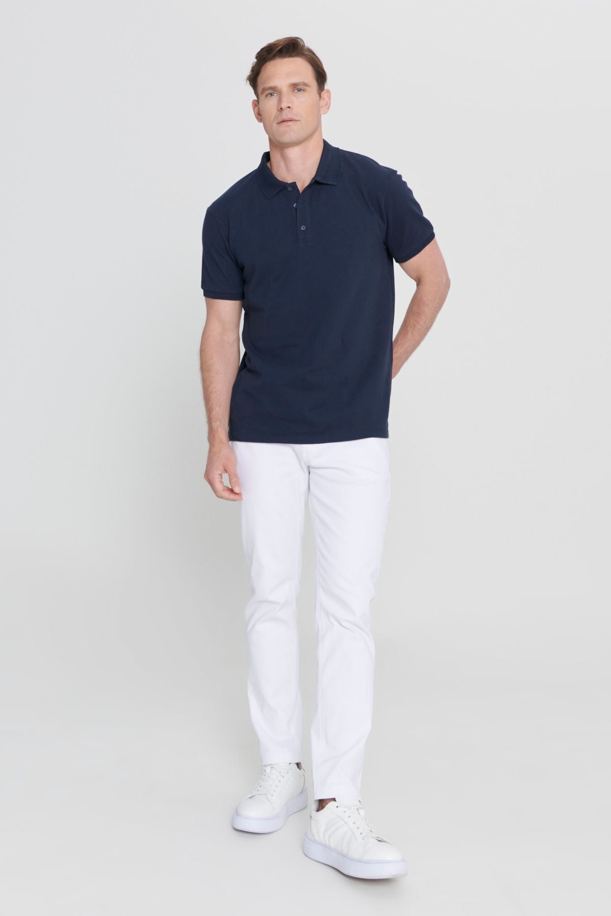 Male Navy Blue 100 %Cotton Curiated Pike Polo Yaka Slim Fit Narrow Cut T -shirt