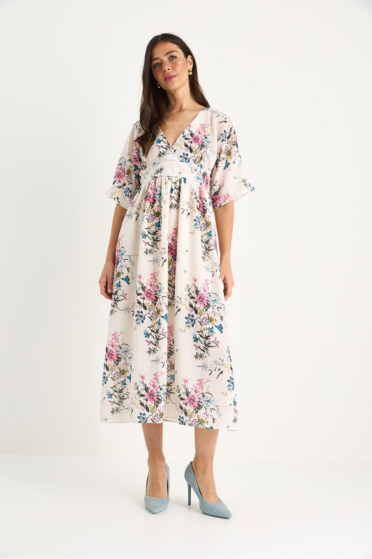 Women's V-Neck Waist Detailed Wide Sleeve Floral Patterned Linen Textured Lined Dress 3047 60283362