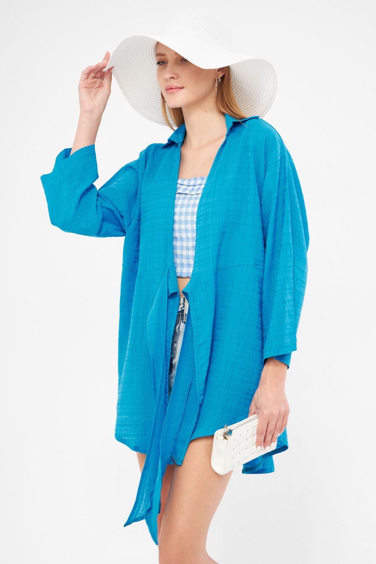 Woman Blue Self-Striped front connect Kimono Shirt ARM-24Y001101