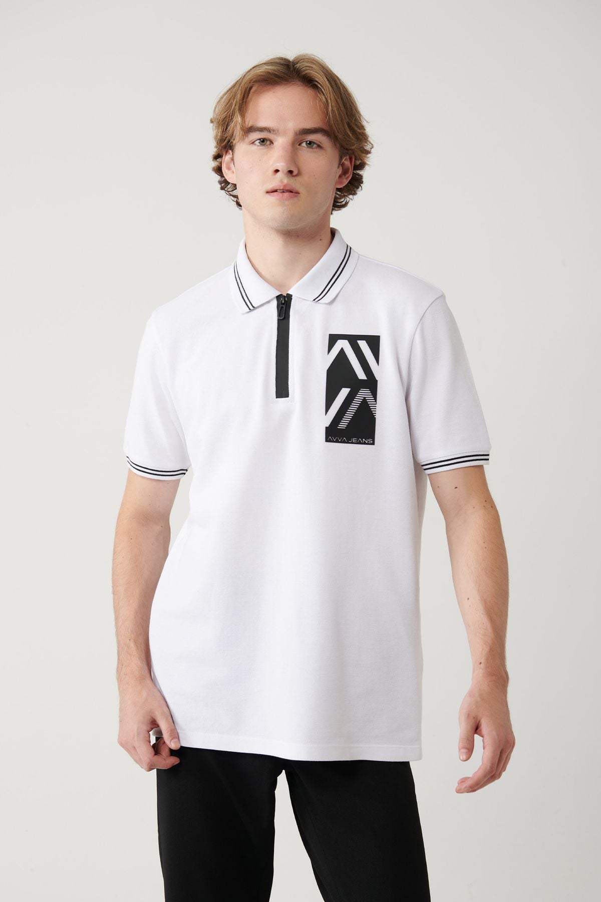 Men's White 100 %Cotton Printed Cotton Polo Yaka T-shirt A41y1182