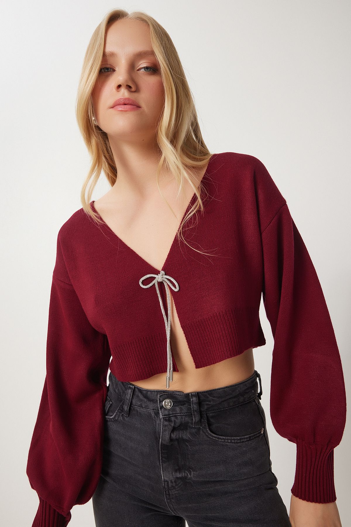 Female Bordeaux Stone Bow Title Crop Knitwear Cardigan Ki00110