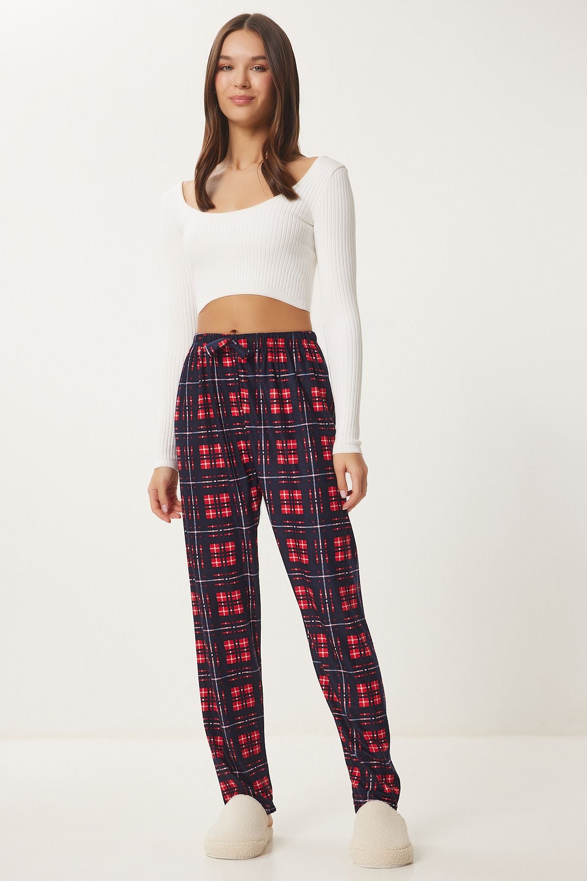 Woman Navy blue Red Patterned Soft textured knitted pajamas Six Ce00089